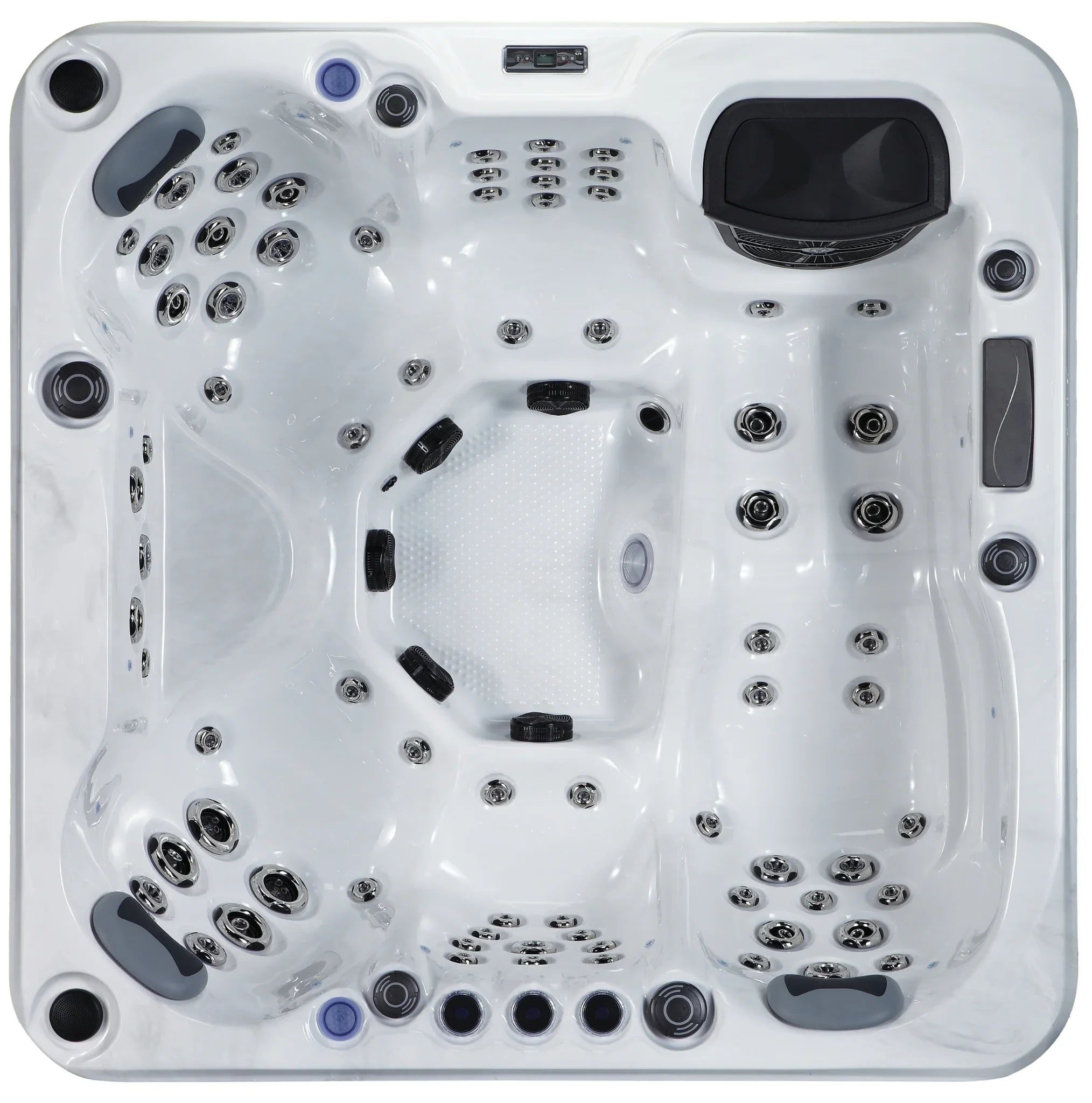 Moderner Outdoor Whirlpool mit zahlreichen Massagedüsen und ergonomischen Sitzen, ideal für Wellness