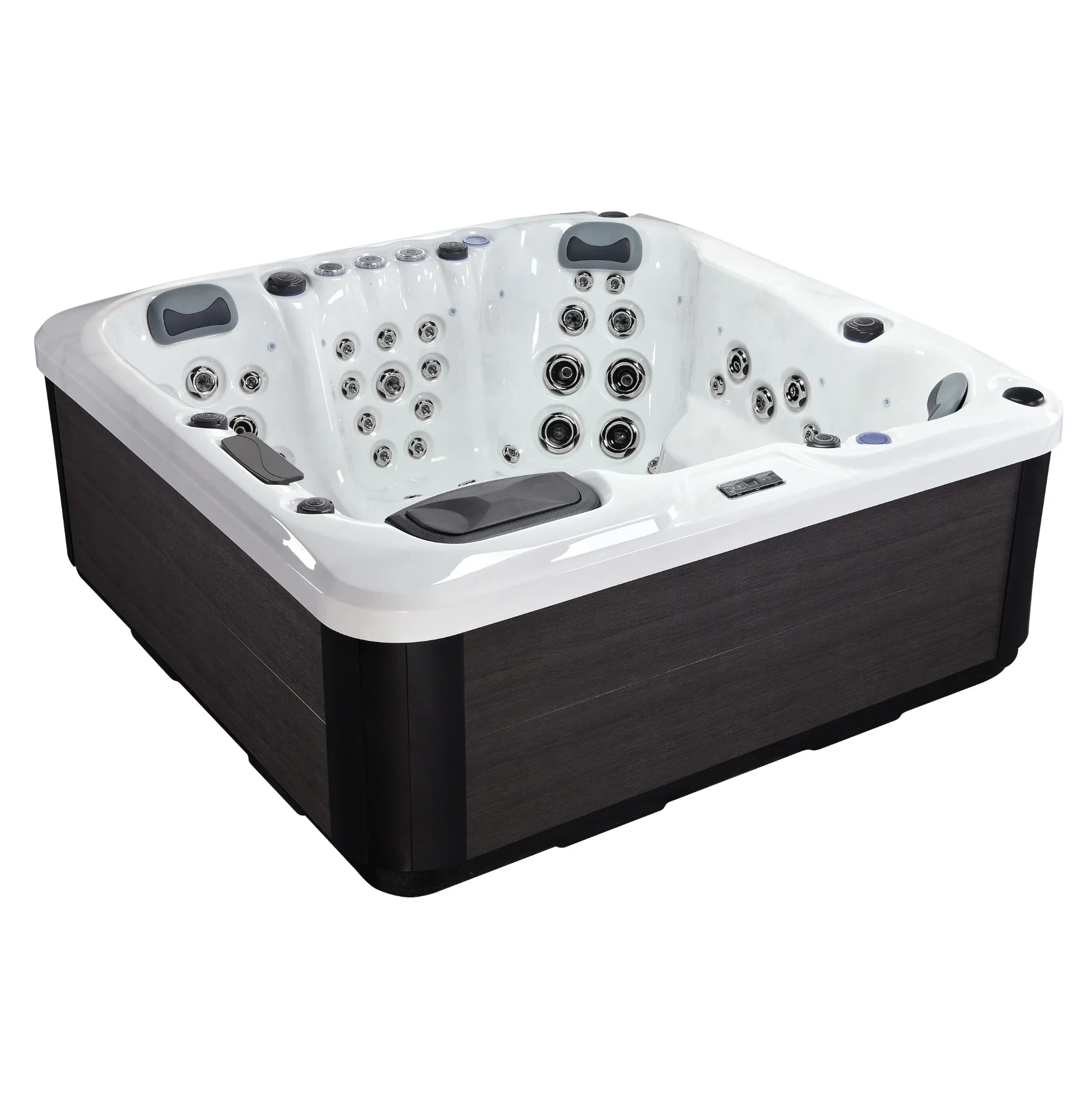 Moderner Outdoor Whirlpool mit elegantem Design, dunkler Holzverkleidung und weißen Acryl-Elementen