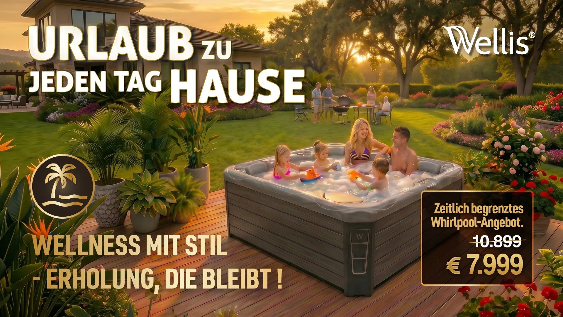 Wellis Budapest Whirlpool mit Familie im Garten zum Aktionspreis von 7999€