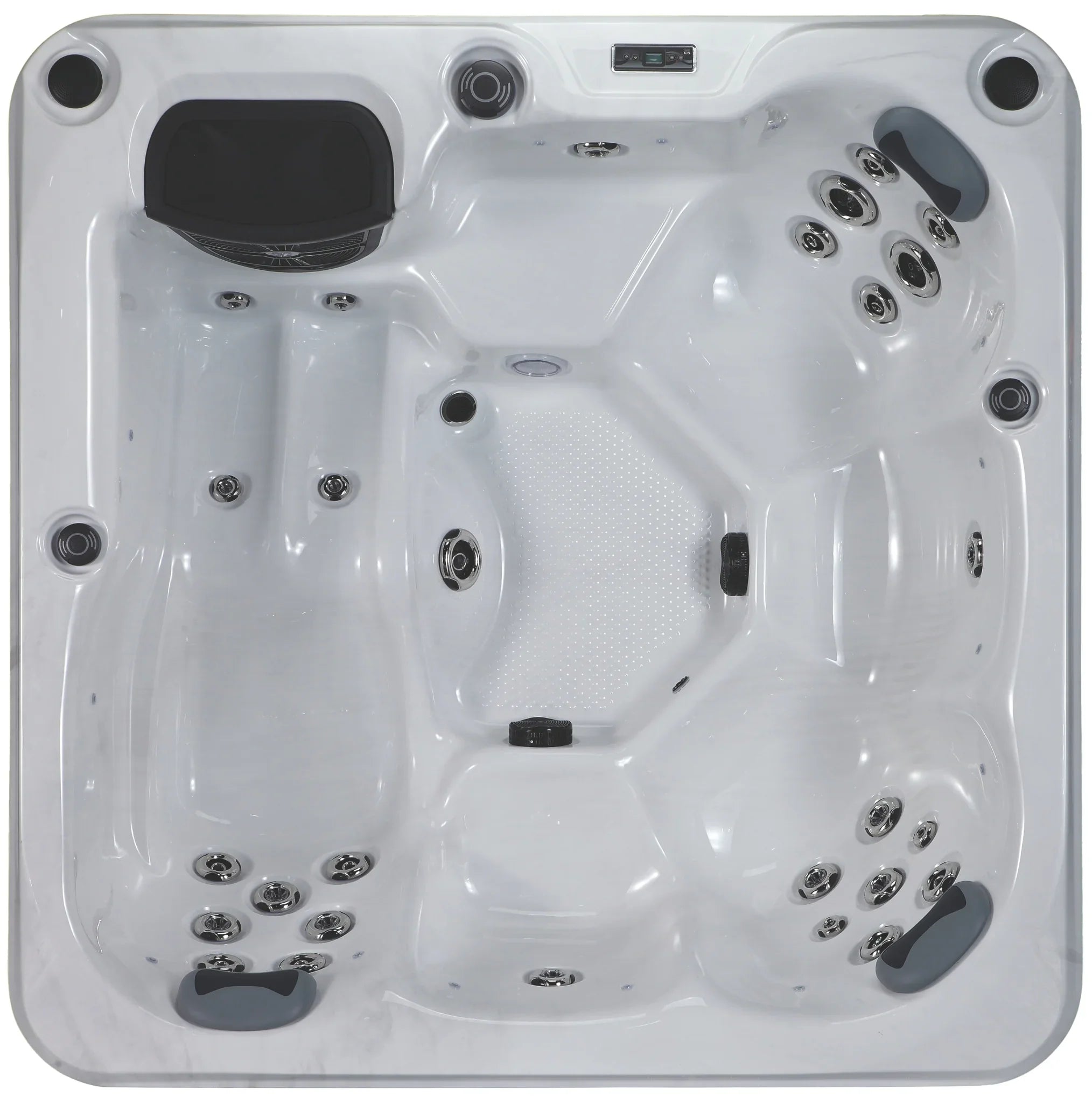 Quadratischer Outdoor Whirlpool mit mehreren Massagedüsen, grauem Acryl-Design und Kopfstützen
