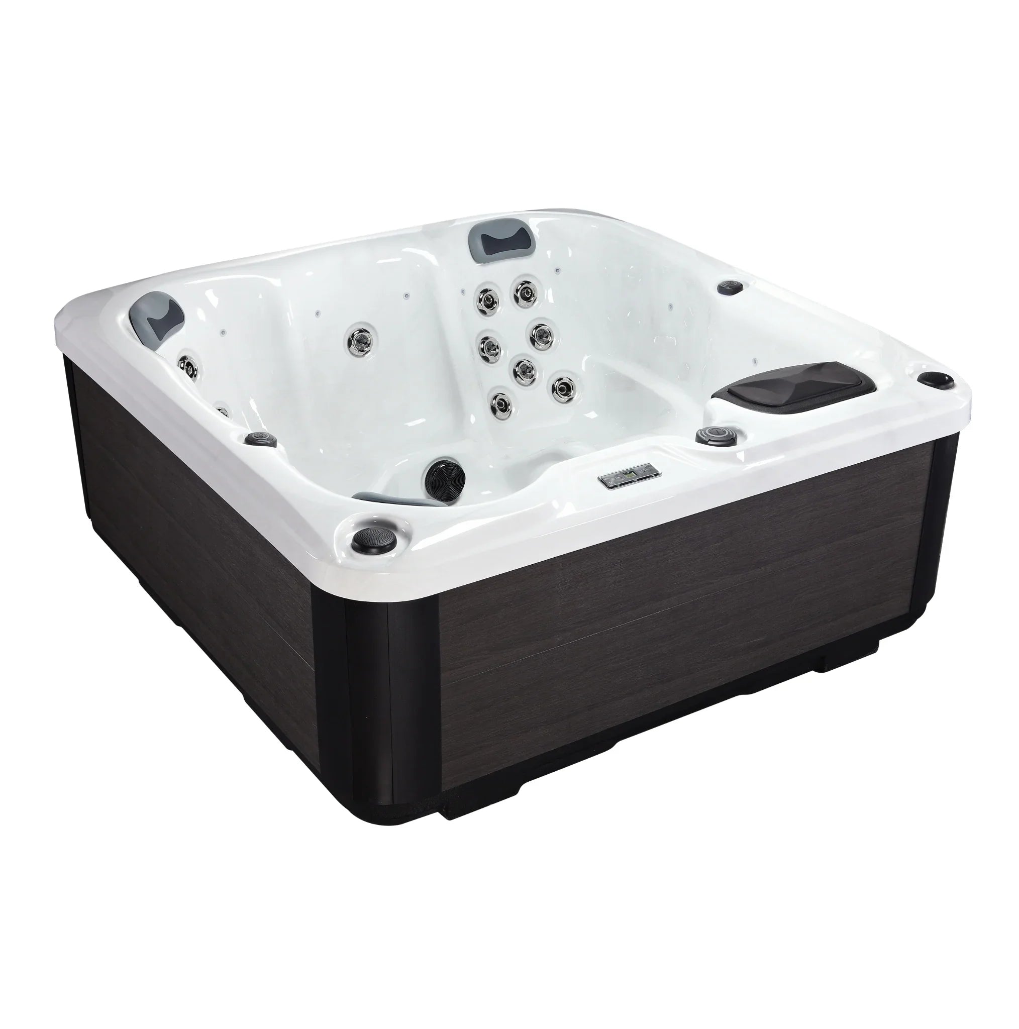 Moderner Wellis Outdoor Whirlpool, eckiges Design, weißes Acryl, dunkle Verkleidung