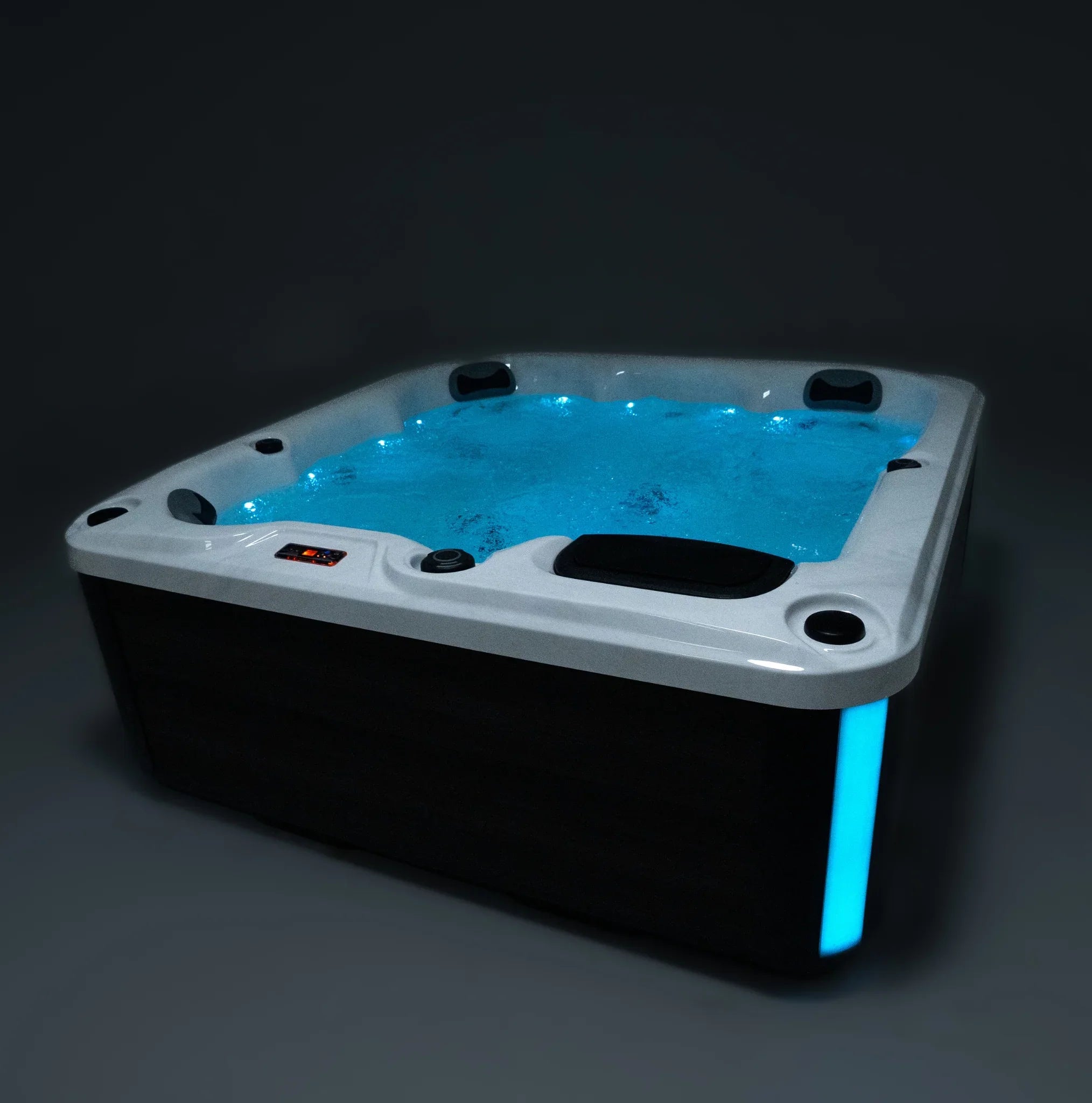 Moderner Outdoor Whirlpool mit LED-Beleuchtung, luxuriöses Design, dunkles Gehäuse