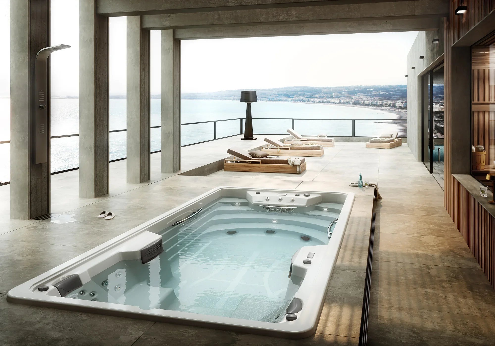 Luxuriöser SwimSpa auf moderner Terrasse mit Whirlpool, Blick aufs Meer und stilvollen Liegen
