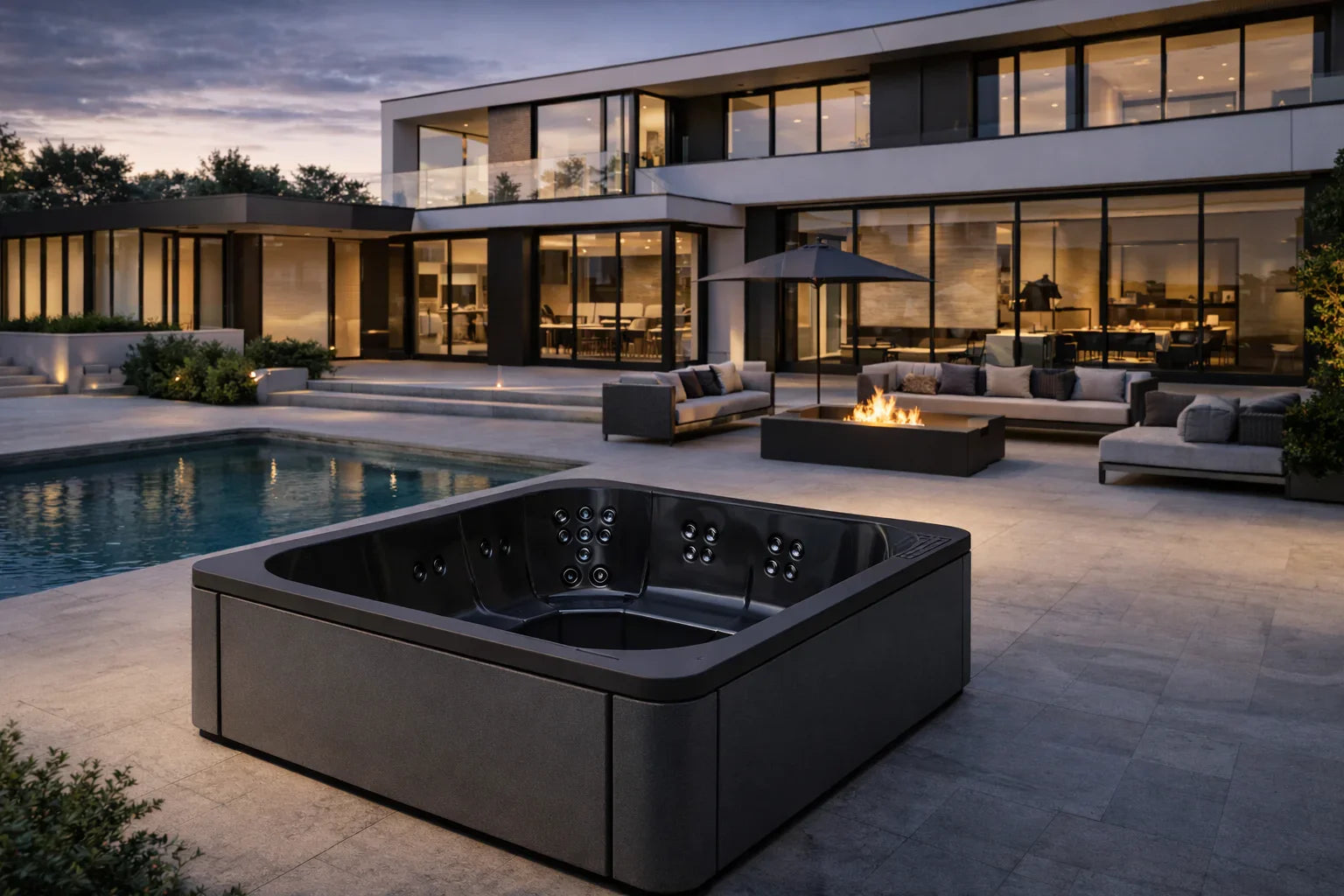 Luxuriöser Outdoor Whirlpool von Wellis auf moderner Terrasse mit Pool und Lounge-Bereich bei Abenddämmerung.