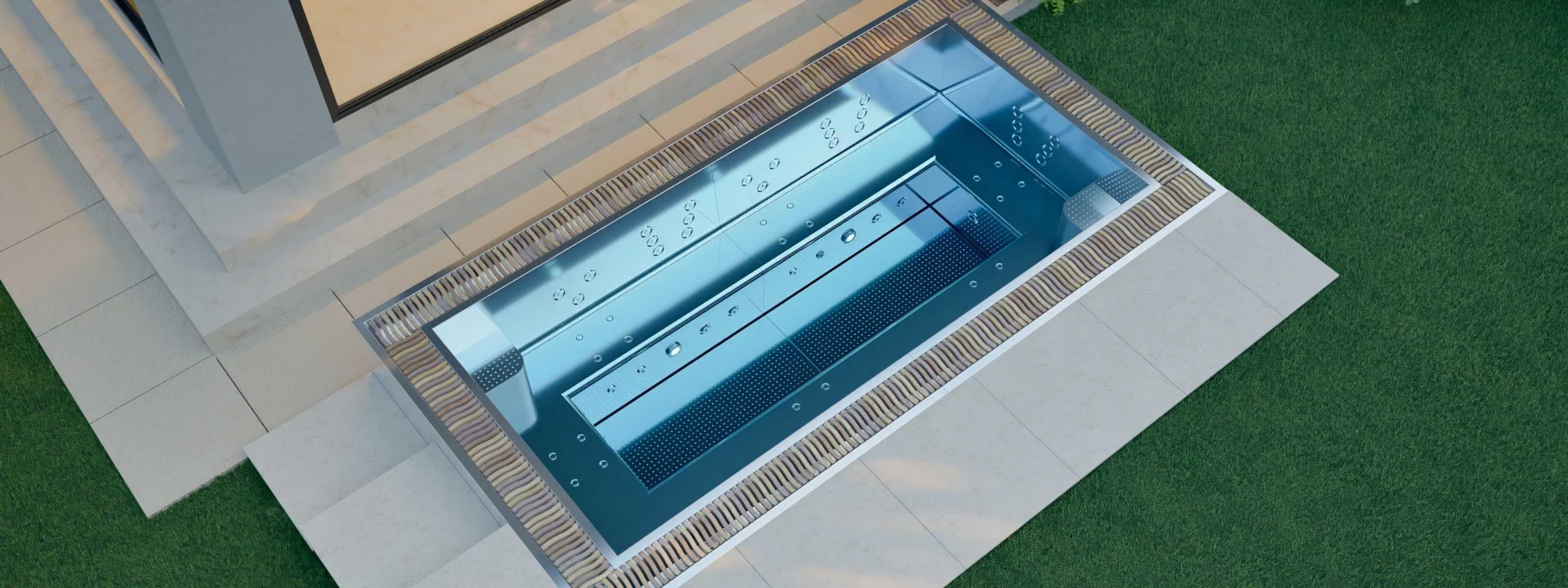 Moderner Edelstahl SwimSpa auf Terrasse im Garten, luxuriöses Wellness-Design für Outdoor-Living
