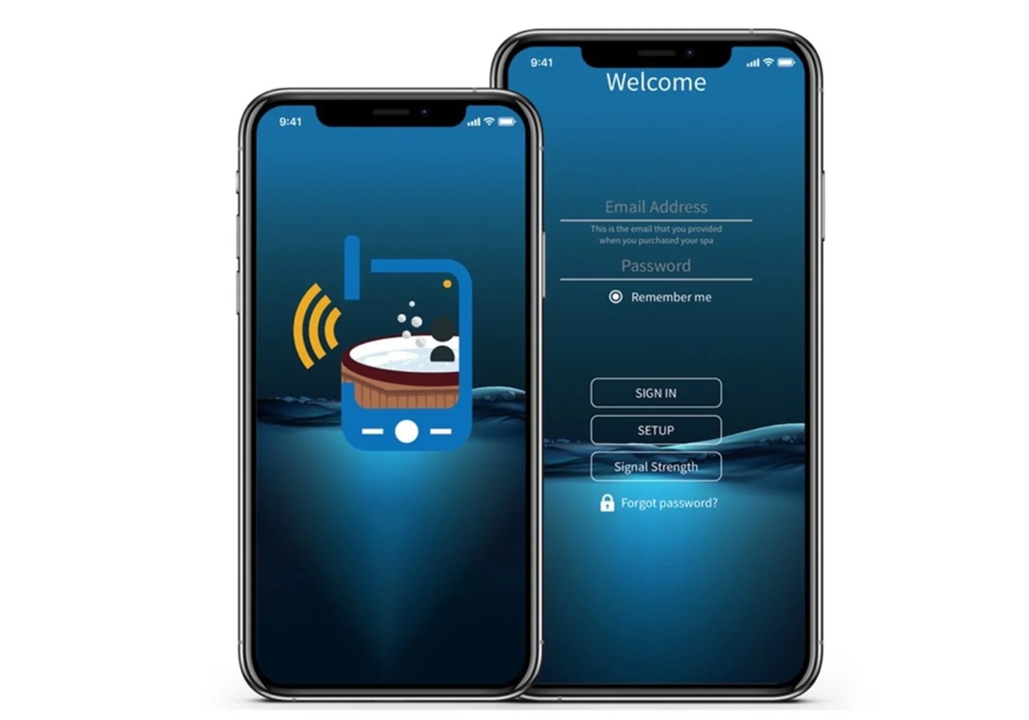 Moderne App-Steuerung für Whirlpool oder SwimSpa auf Smartphone, mit Wasser- und Wellness-Design.