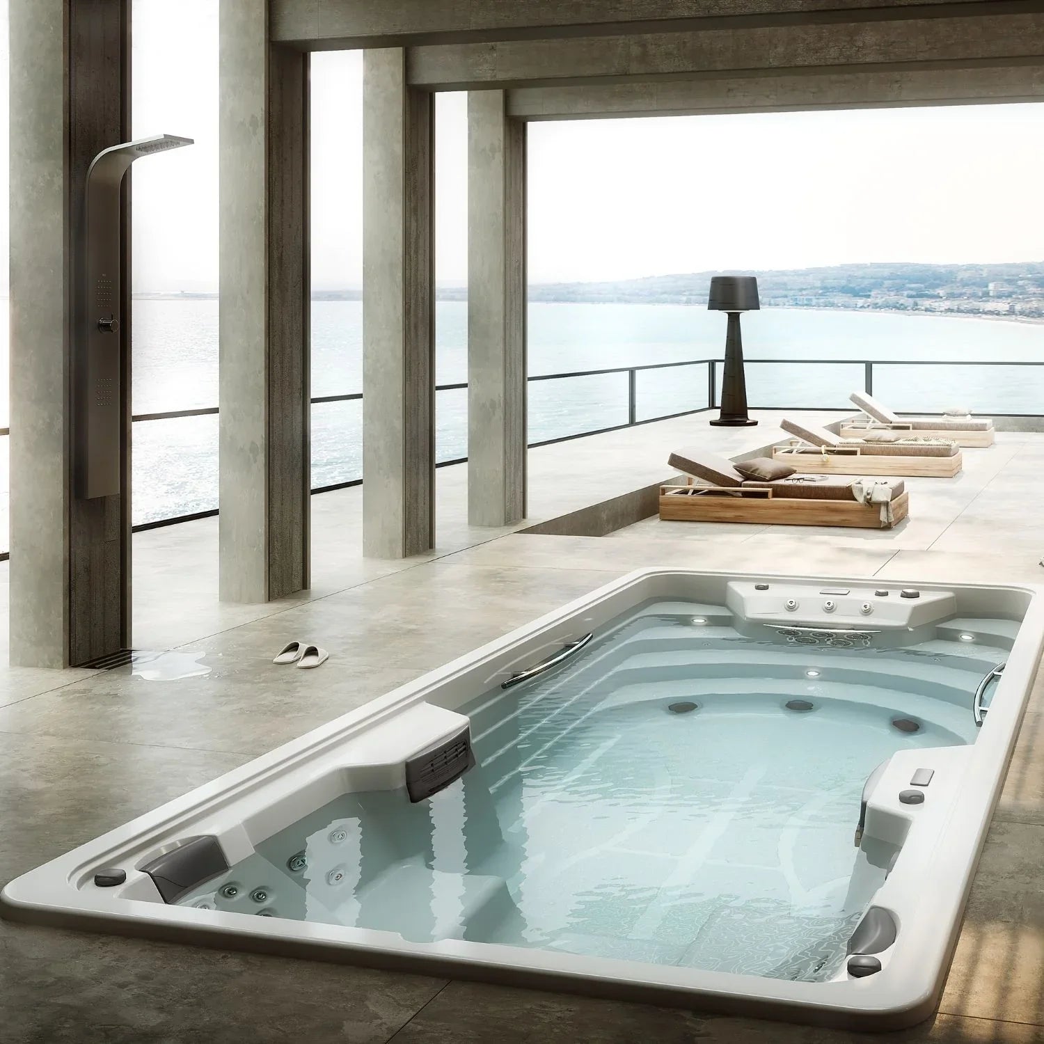 Luxuriöser SwimSpa mit modernem Design auf Terrasse am Wasser, Wellness-Atmosphäre mit Liegen