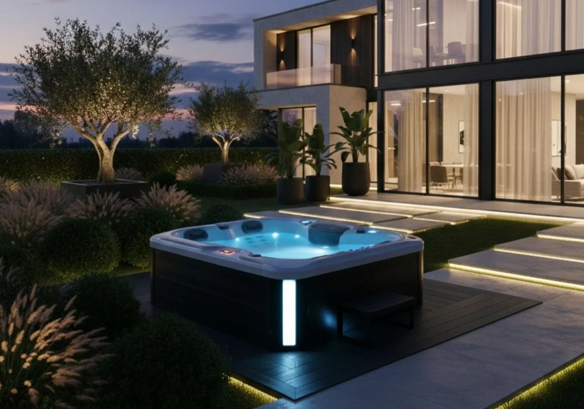 Luxuriöser Outdoor Whirlpool im modernen Garten bei Abenddämmerung, stilvolle Wellness-Atmosphäre