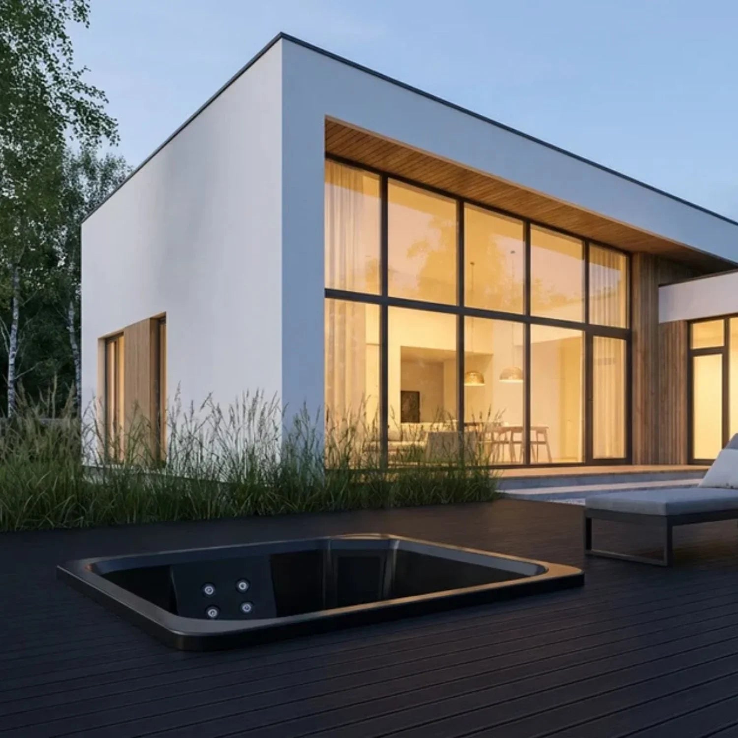Luxuriöser eingelassener Whirlpool auf moderner Terrasse, stilvolles Outdoor Wellness-Design