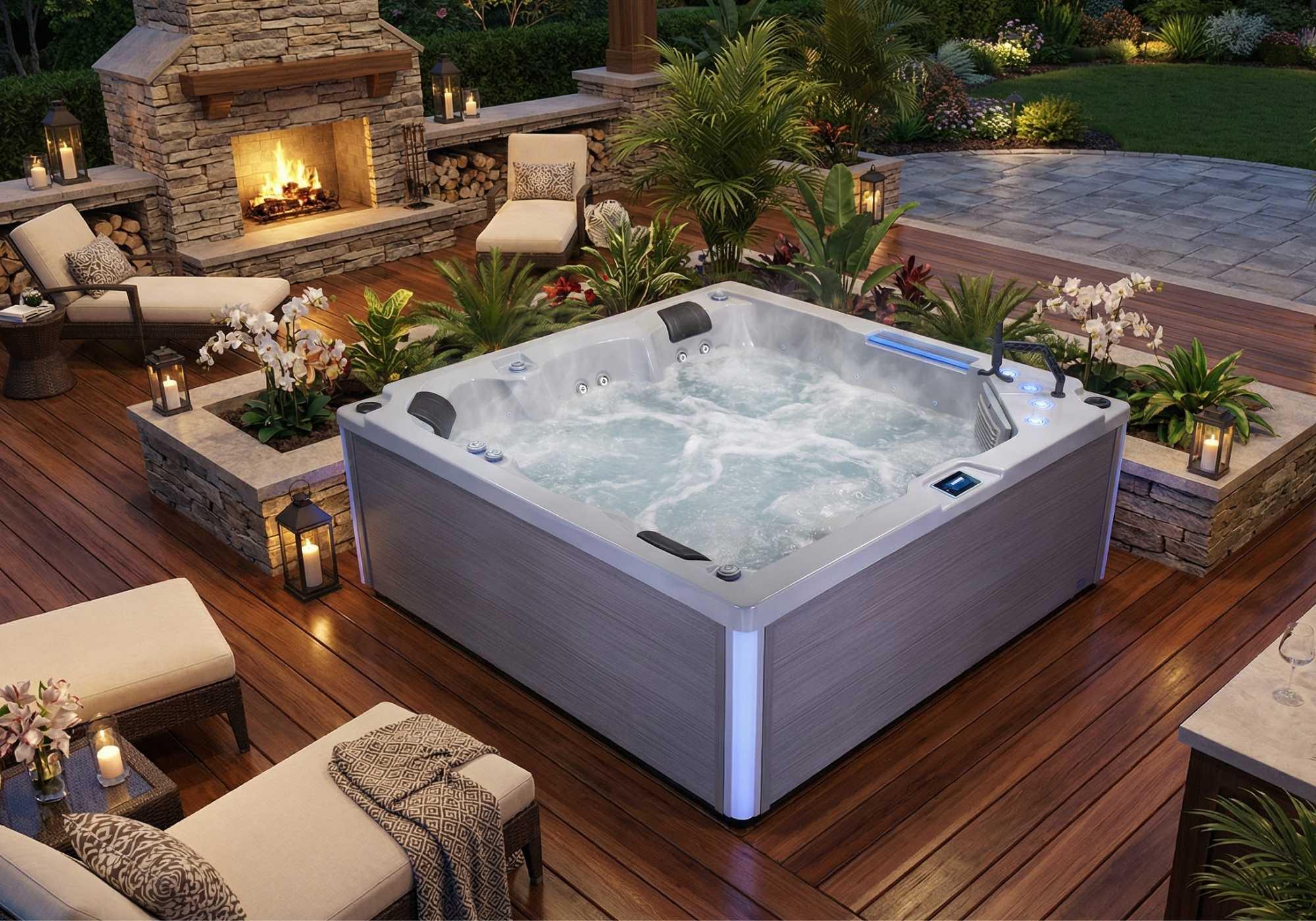 Luxuriöser Outdoor Whirlpool auf moderner Gartenterrasse mit Kamin und Pflanzen, Wellness-Atmosphäre