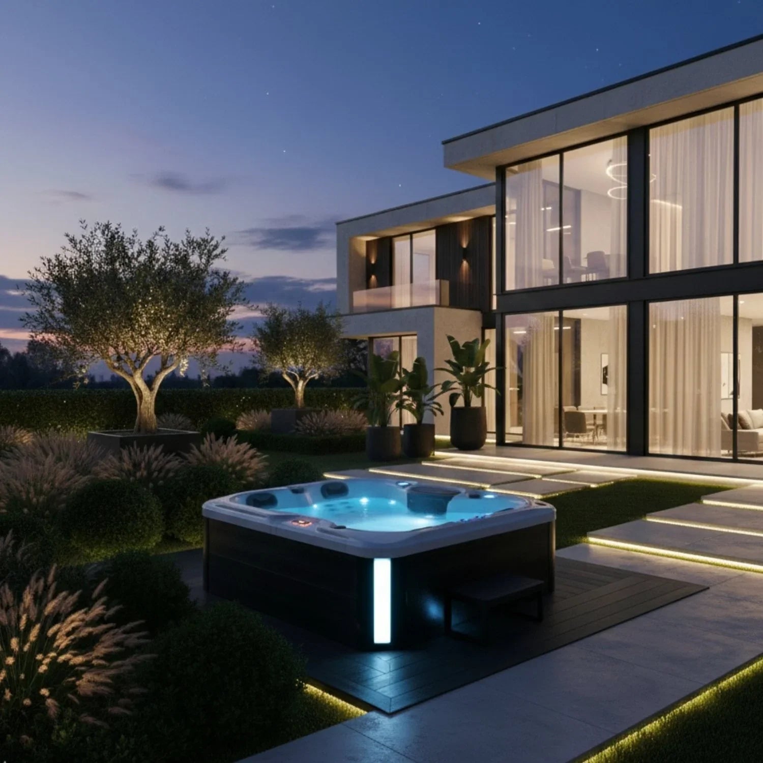Luxuriöser Outdoor Whirlpool im modernen Garten vor beleuchtetem Haus, Wellness-Atmosphäre am Abend