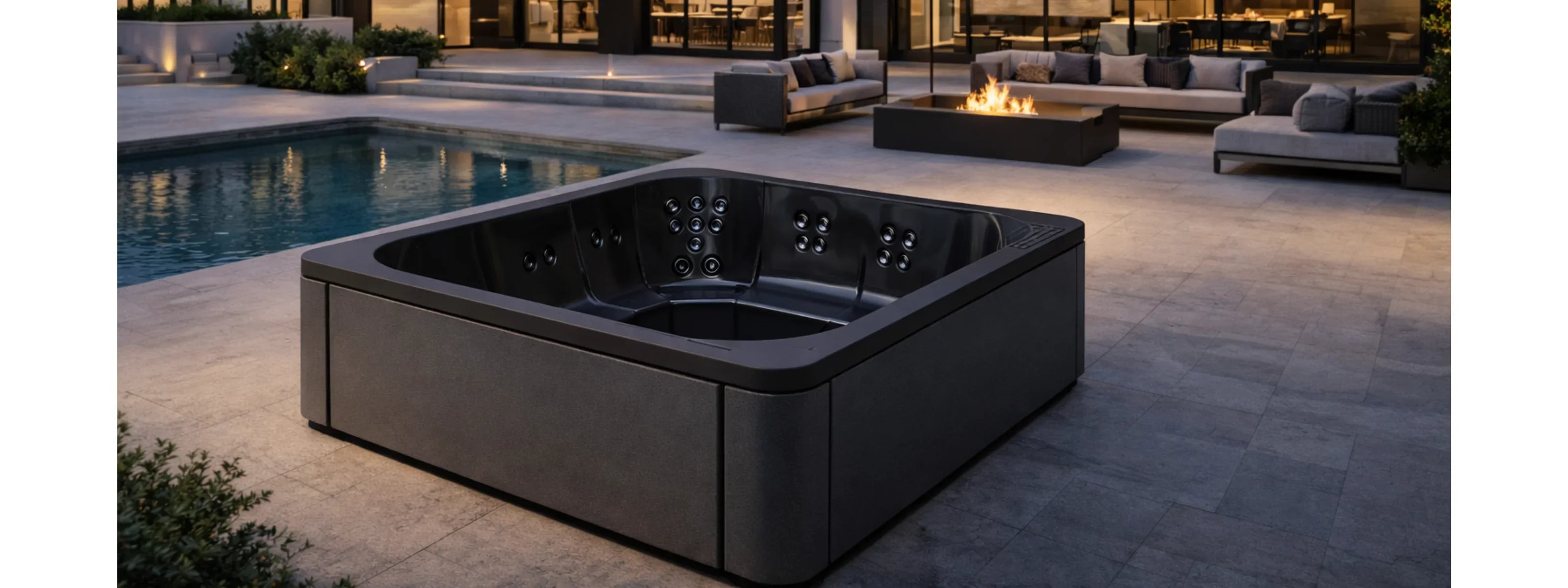 Luxuriöser Outdoor Whirlpool auf moderner Dachterrasse mit Pool, Feuerstelle und Lounge-Bereich