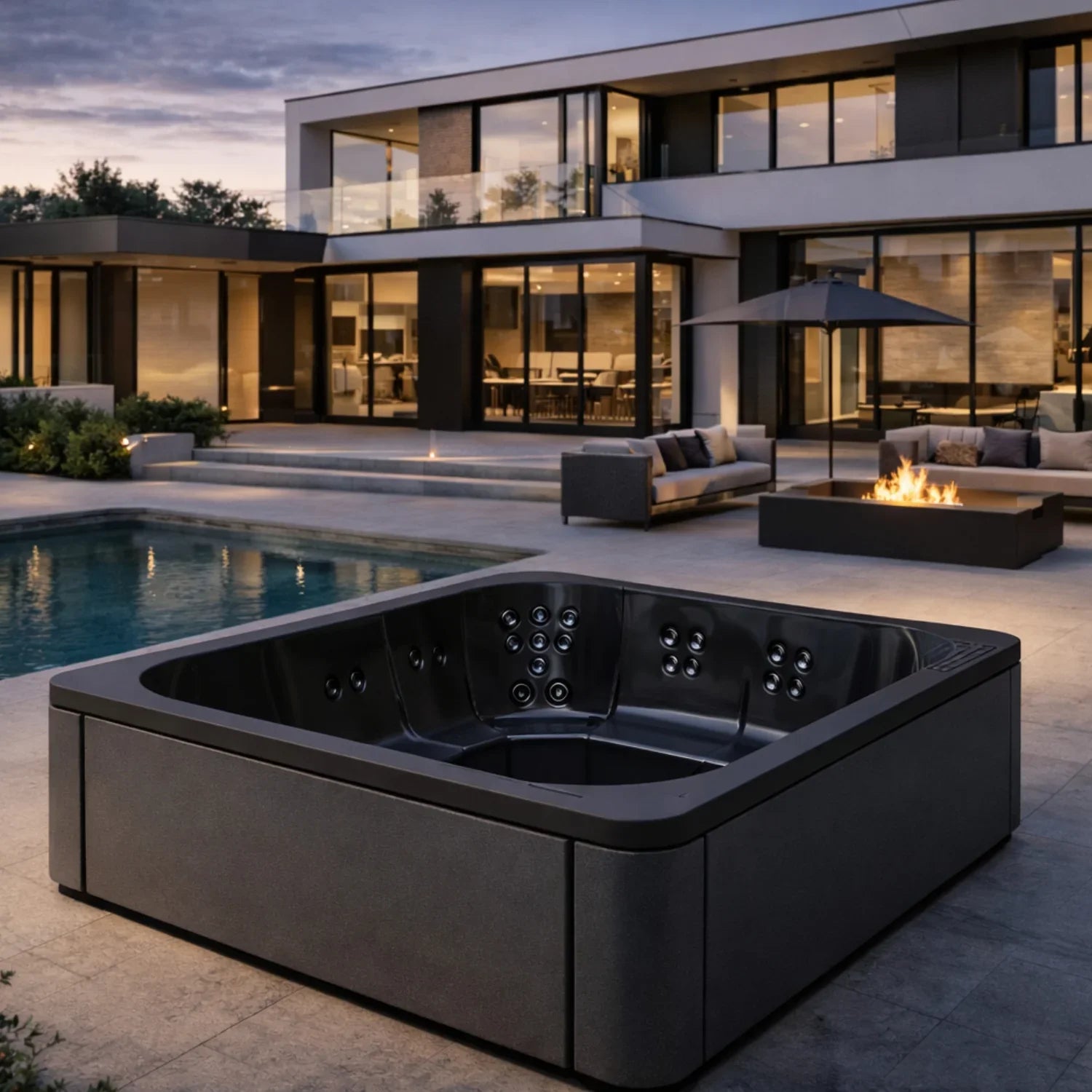 Luxuriöser Outdoor Whirlpool auf moderner Terrasse, Design-Garten, Abendstimmung, Wellness-Erlebnis