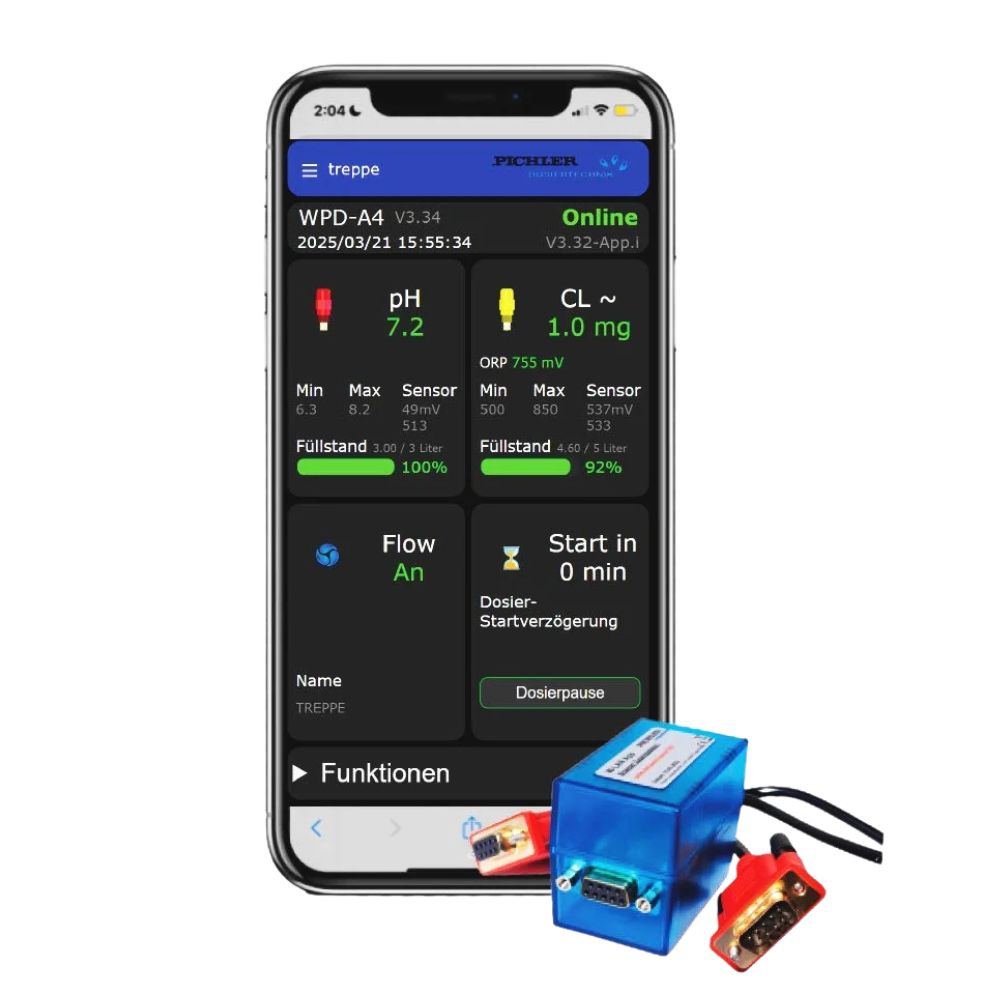 Pichler WLAN-Modul W291 mit roten RS-232-Steckern vor Smartphone mit WPD-A4-Anlagenanzeige