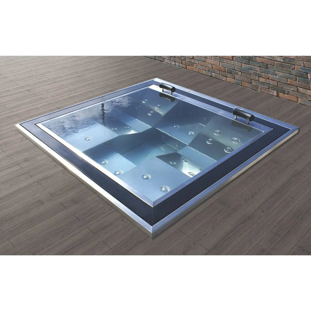 Moderner Edelstahl-Whirlpool für den Garten, elegantes Design auf Terrasse, Outdoor-Wellness