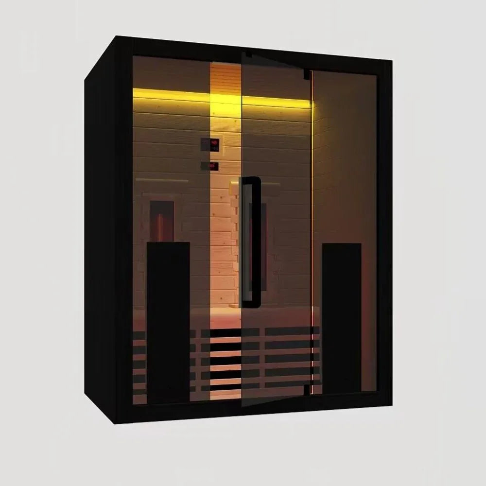 Moderne Infrarot Sauna für 2 Personen in Schwarz mit Glasfront, ideal für Garten oder Terrasse