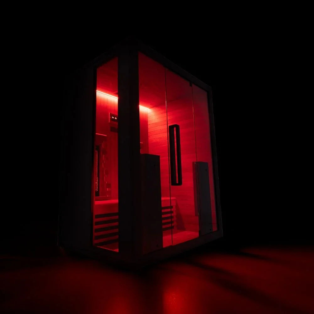 Moderne Infrarot-Sauna für 2 Personen mit LED-Beleuchtung, Wellness-Design für Garten oder Terrasse.