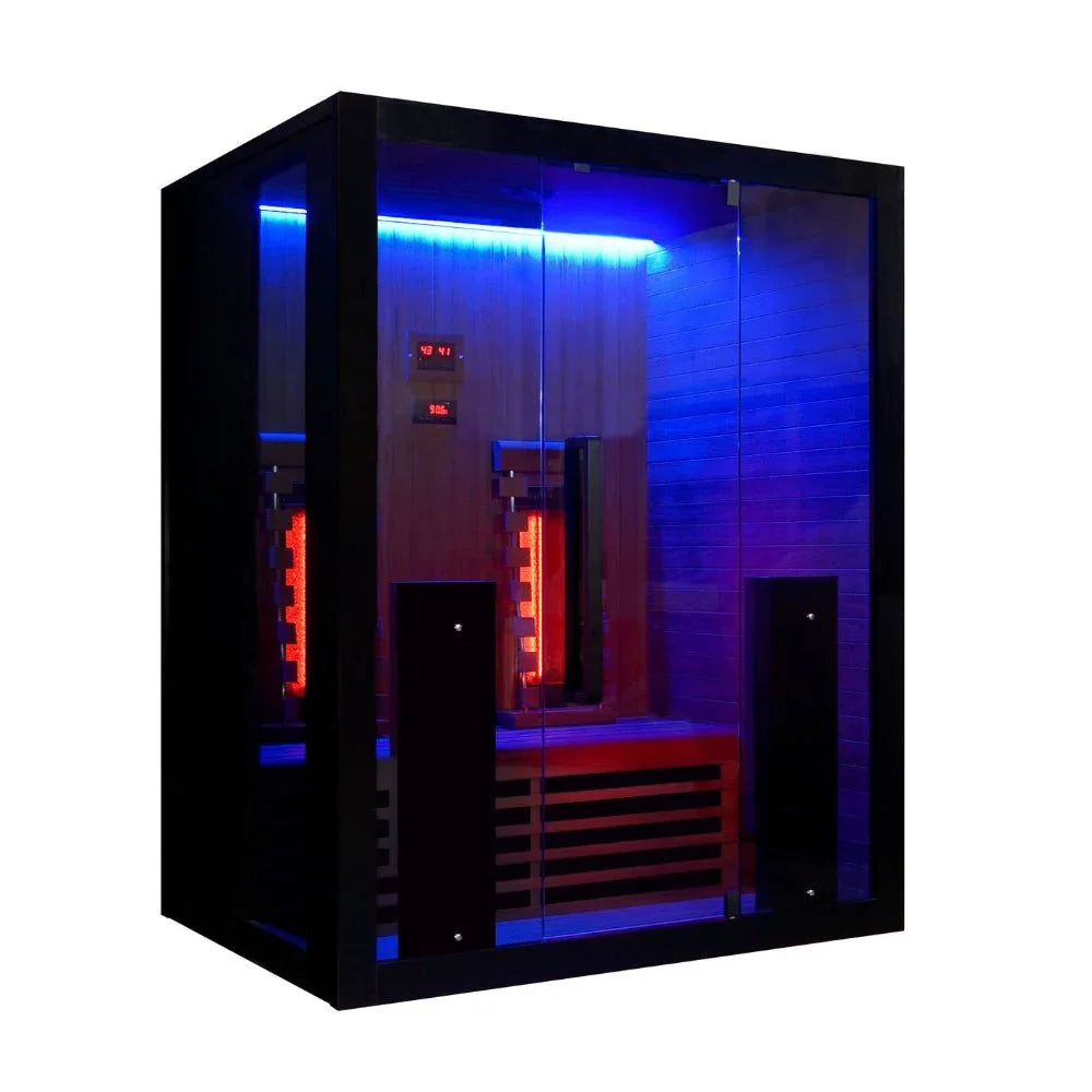 Moderne Infrarot Sauna für 2 Personen mit LED Beleuchtung, Glasfront und Holzdesign, perfekt für Garten oder Terrasse, Wellness Sauna.