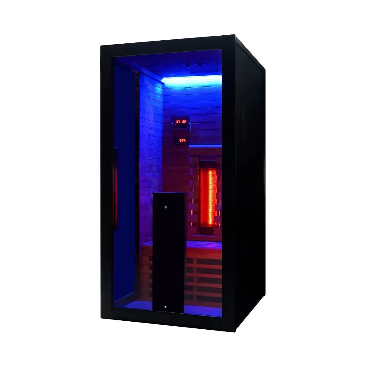 Moderne Infrarotsauna für 1 Person, schwarz, Holz, farbige LED-Beleuchtung, Wellness-Design