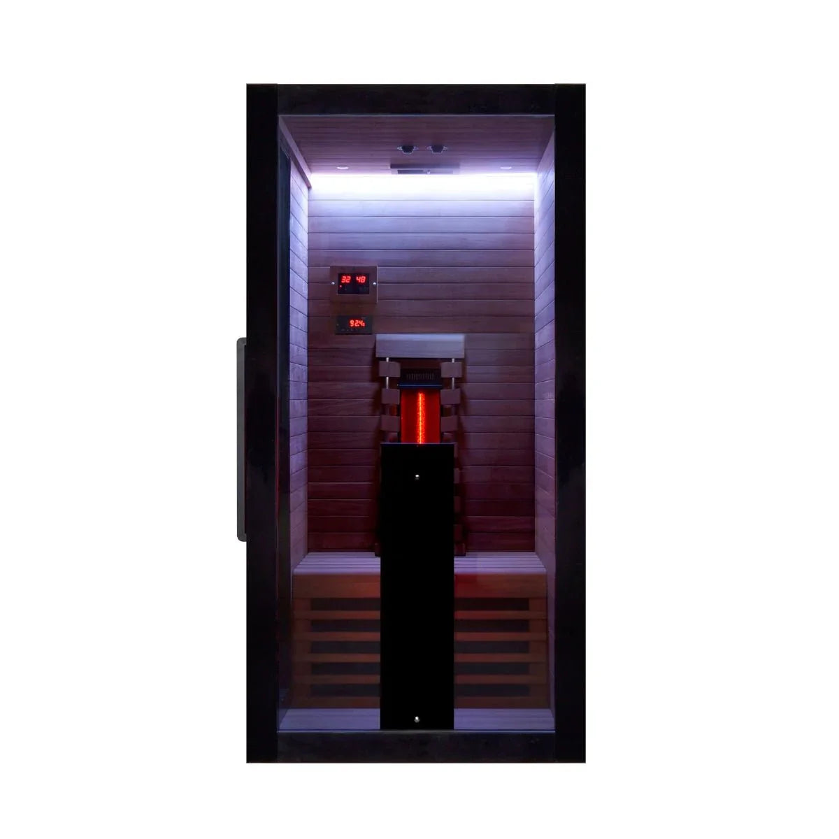 Moderne Infrarotsauna für 1 Person aus Holz mit LED-Beleuchtung, ideal für Garten oder Terrasse, Wellness und Outdoor-Living.