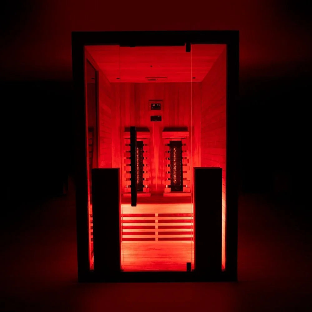 Moderne Infrarot Sauna für 2 Personen in stilvollem Holzdesign, ideal für Garten oder Terrasse