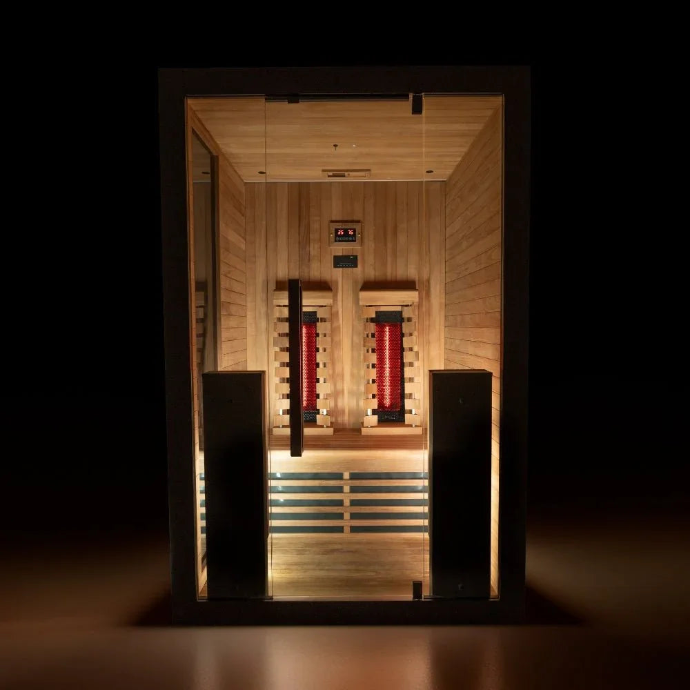 Moderne Infrarot Sauna für 2 Personen aus Holz, ideal für Garten oder Terrasse, Wellness-Design