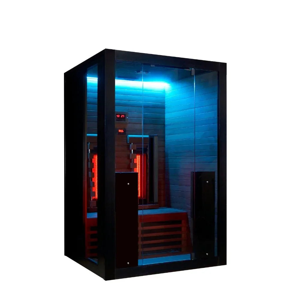 Moderne Infrarot Sauna für 2 Personen mit LED-Beleuchtung, Glasfront, für Terrasse oder Garten