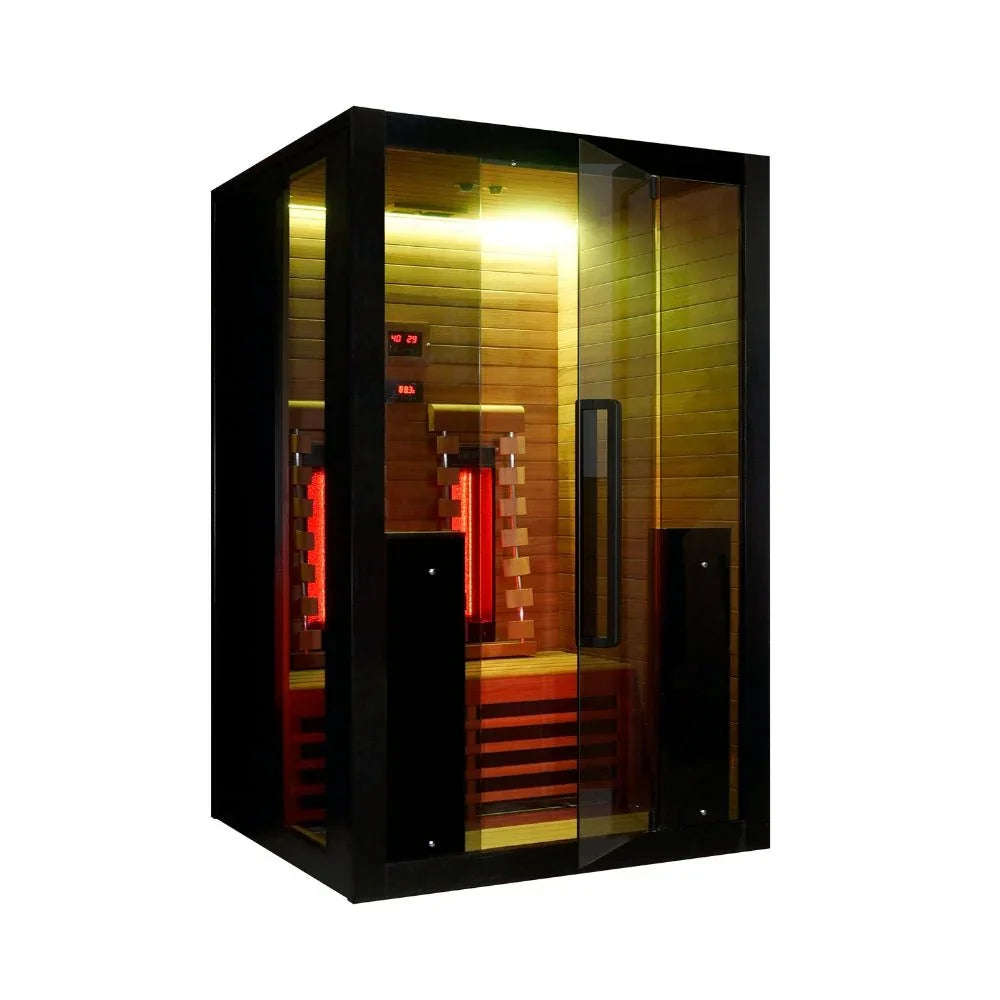 Moderne Infrarot Sauna für 2 Personen mit Glasfront, Holzdesign und LED-Beleuchtung, ideal für Garten oder Terrasse, Wellness und Outdoor-Living.