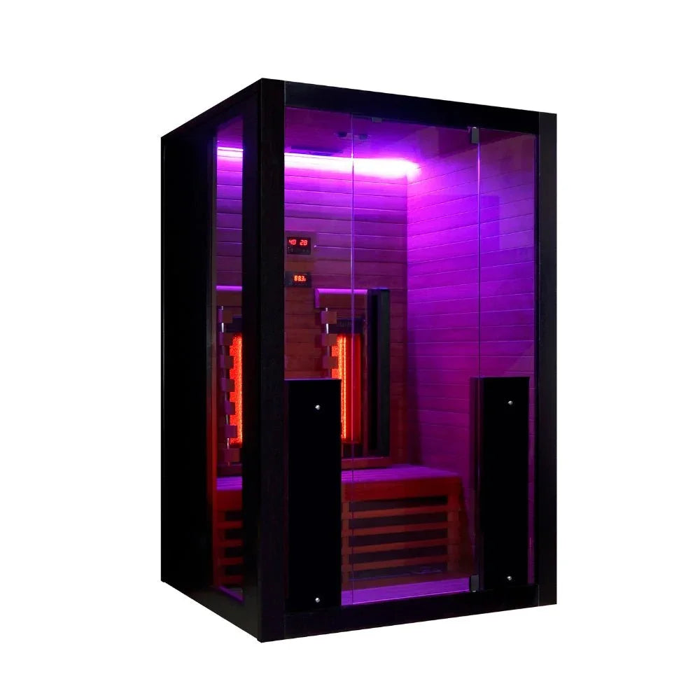 Moderne Infrarot-Sauna für 2 Personen mit LED-Beleuchtung, hochwertiges Design für Garten oder Terrasse