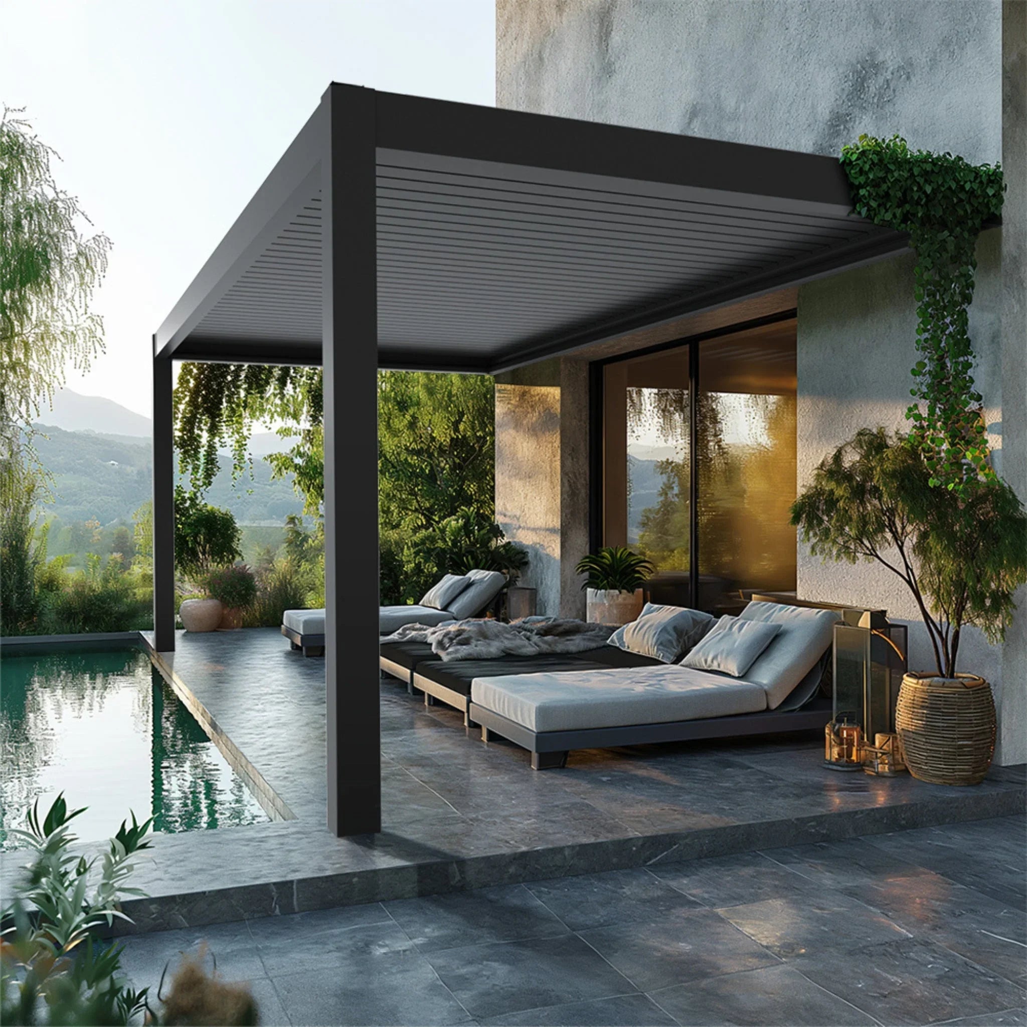 Luxuriöse bioklimatische Aluminium-Pergola auf moderner Terrasse mit Gartenlounge und Pool