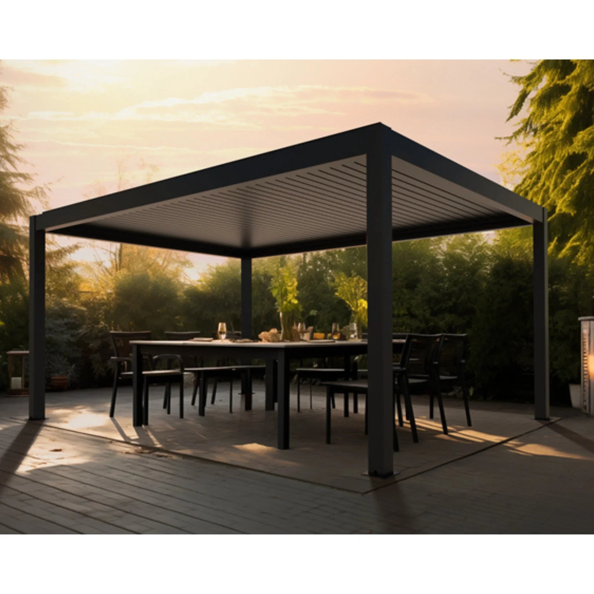 Luxuriöse bioklimatische Aluminium-Pergola auf moderner Garten-Terrasse, Outdoor Wellness