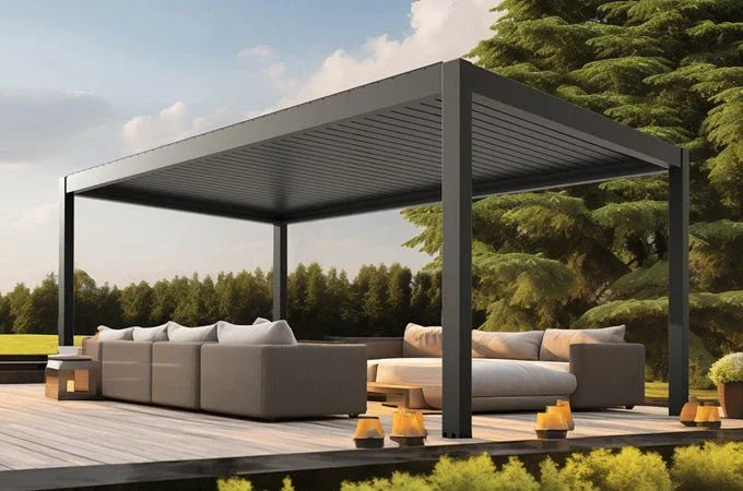 Luxuriöse bioklimatische XXL-Aluminium-Pergola im Garten, stilvolle Outdoor-Lounge für Wellness-Atmosphäre