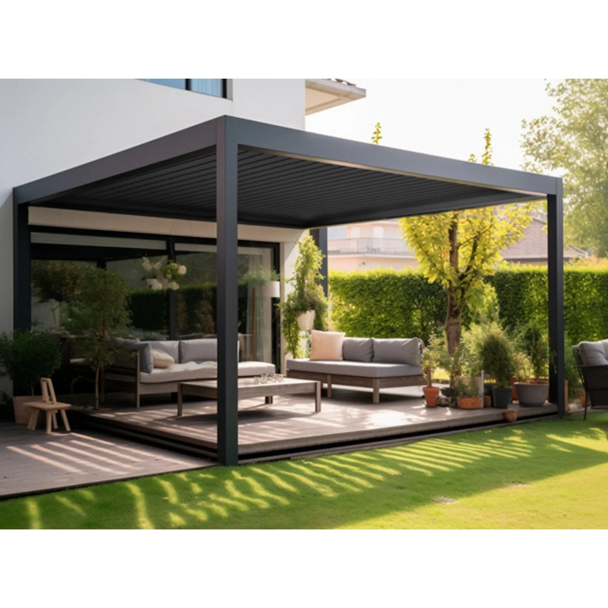 Moderne XXL-Aluminium-Pergola für Garten, luxuriöse Terrasse mit Loungemöbeln, Outdoor Wellness