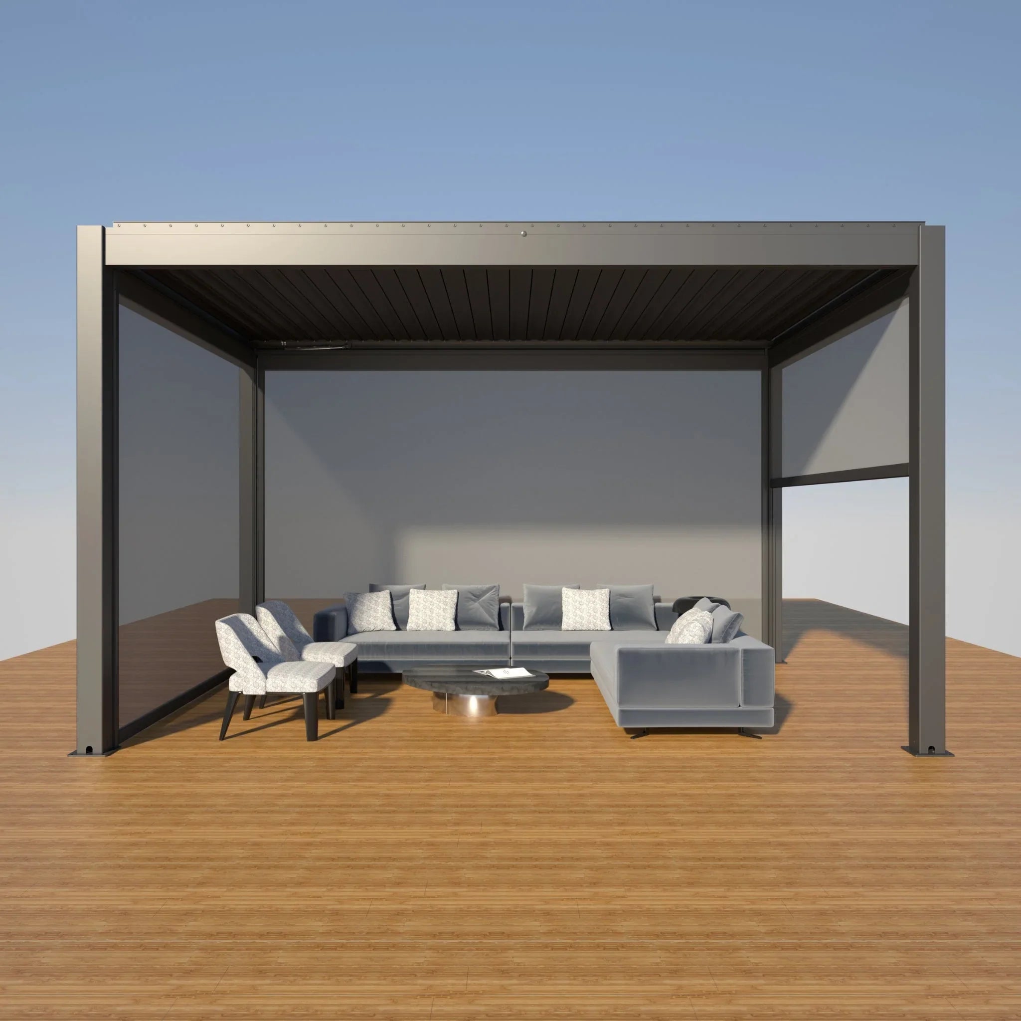Luxuriöse Pergola mit motorisierter Seitenbeschattung und moderner Outdoor-Lounge auf Terrasse