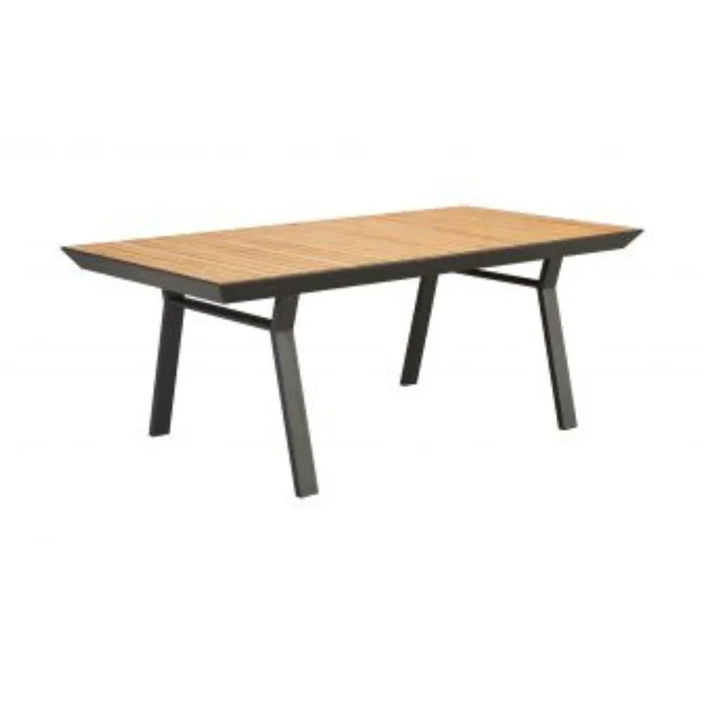 Moderner Gartentisch mit Aluminiumgestell und Holzplatte, ideal für Terrasse und Outdoor-Wellness