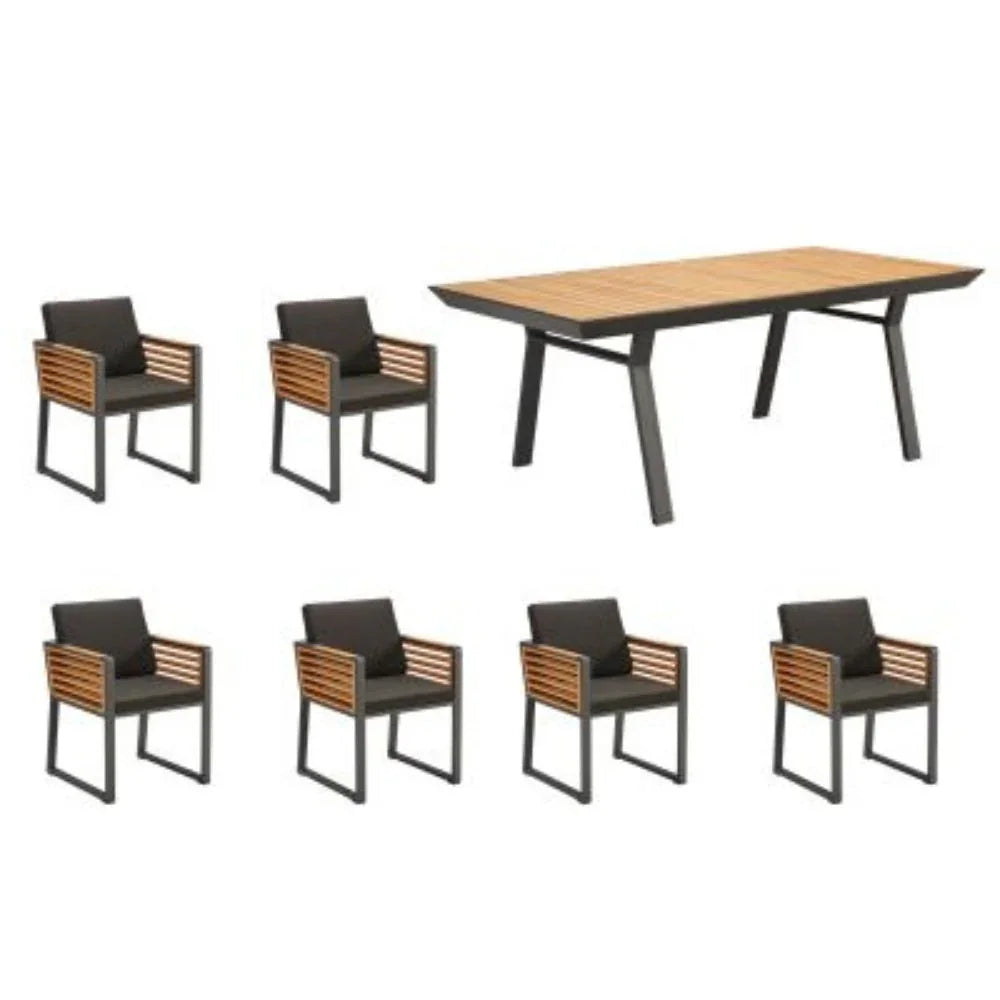 Moderne Garten Essgruppe mit 6 Stühlen und Tisch aus Aluminium und Holz für Terrasse oder Outdoor Wellnessbereich