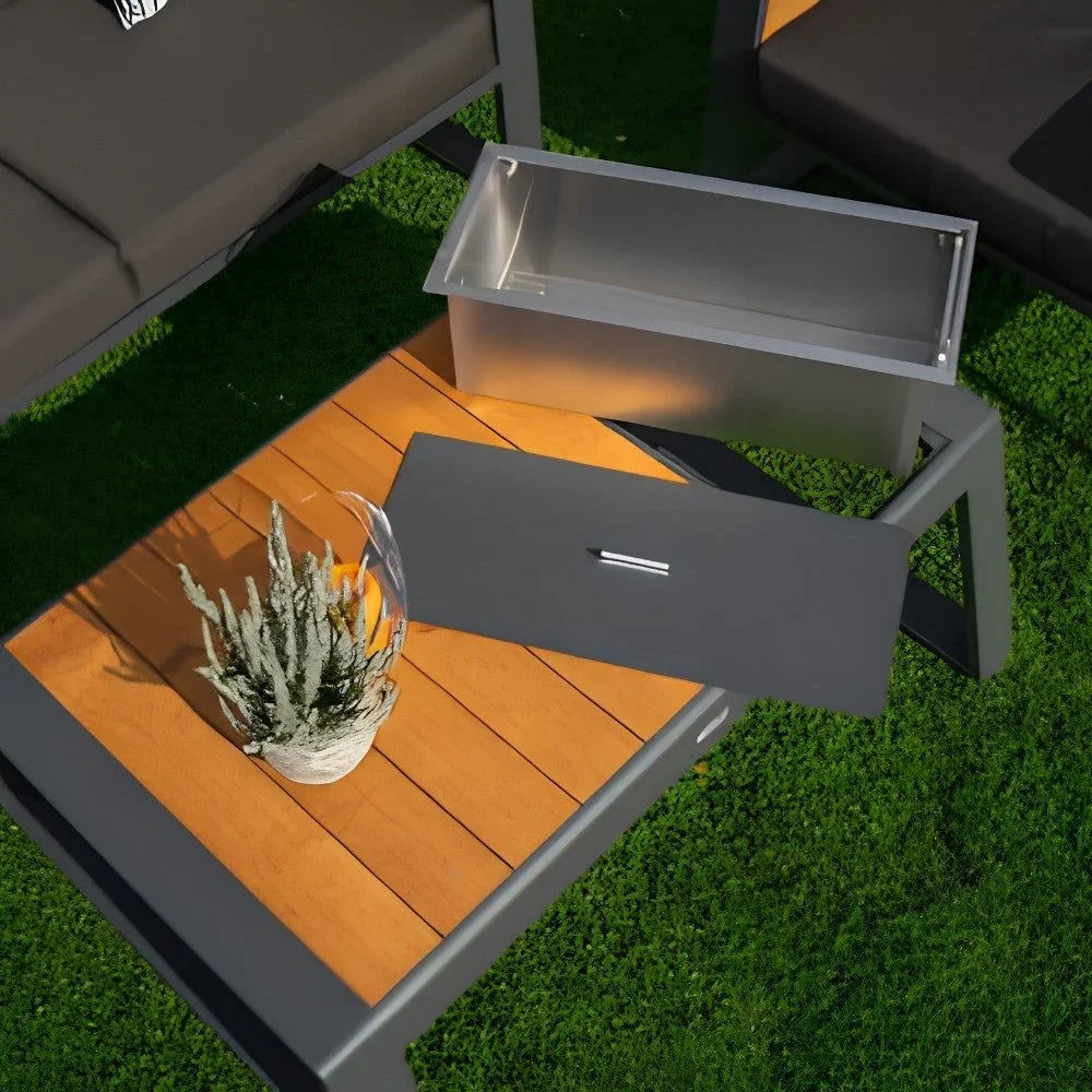 Higold Gartentisch mit Holzoptik und integriertem Edelstahl-Eiskübel auf Terrasse, modernes Outdoor-Design