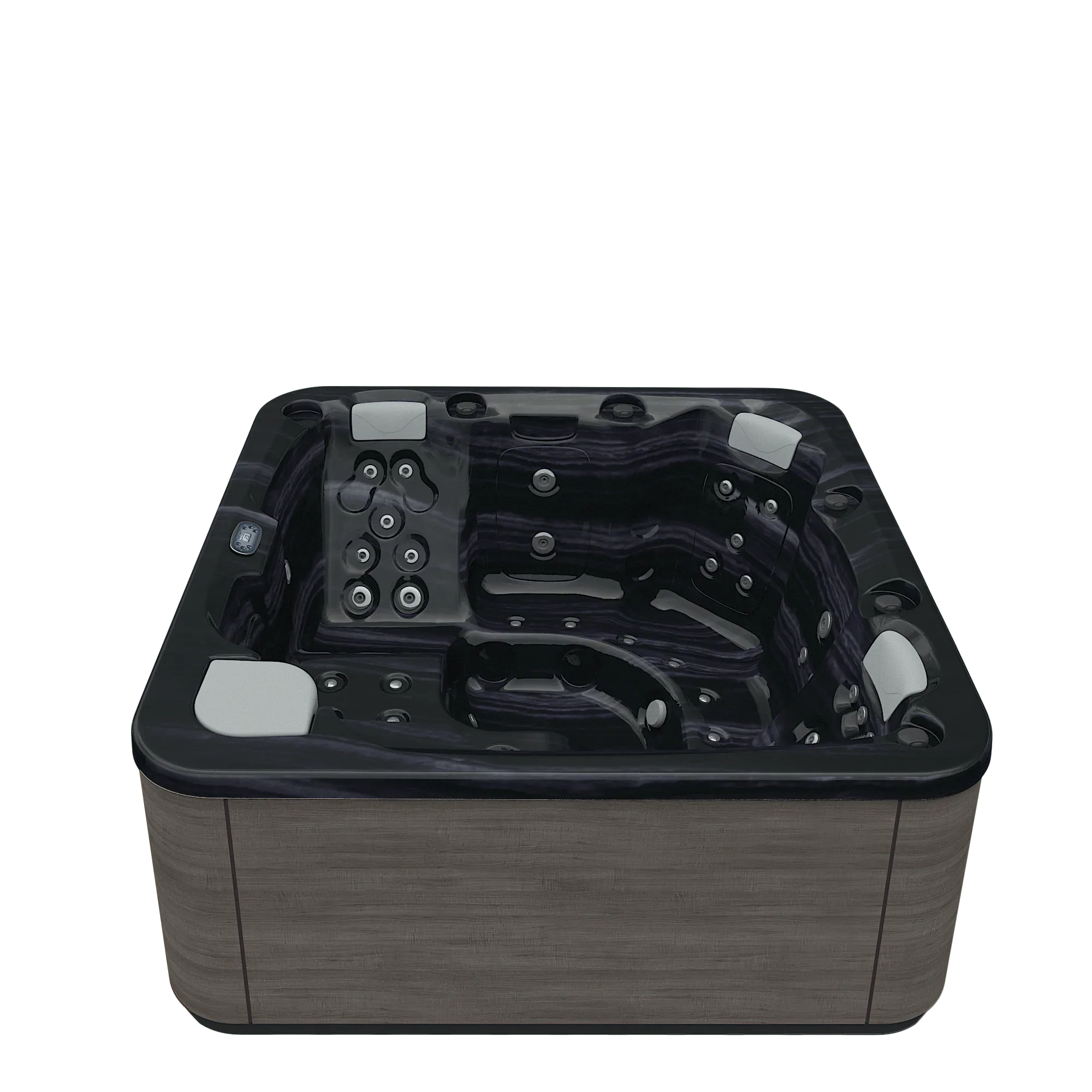 Moderner Outdoor Whirlpool mit dunkler Acrylwanne und Holzverkleidung für Garten oder Terrasse