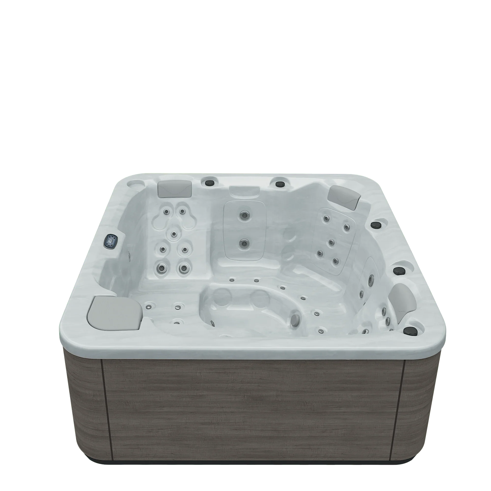Quadratischer Outdoor Whirlpool für Garten oder Terrasse, modernes Design, weißer Innenbereich, Holzoptik