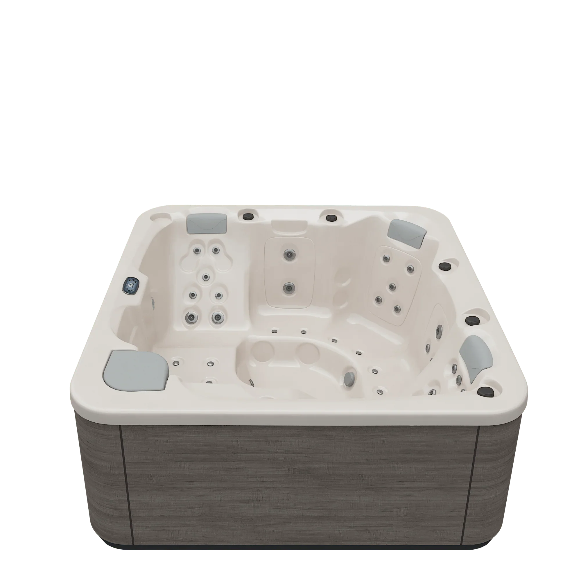 Outdoor Whirlpool für Garten oder Terrasse, modernes Design, cremefarbene Wanne, dunkle Holzoptik