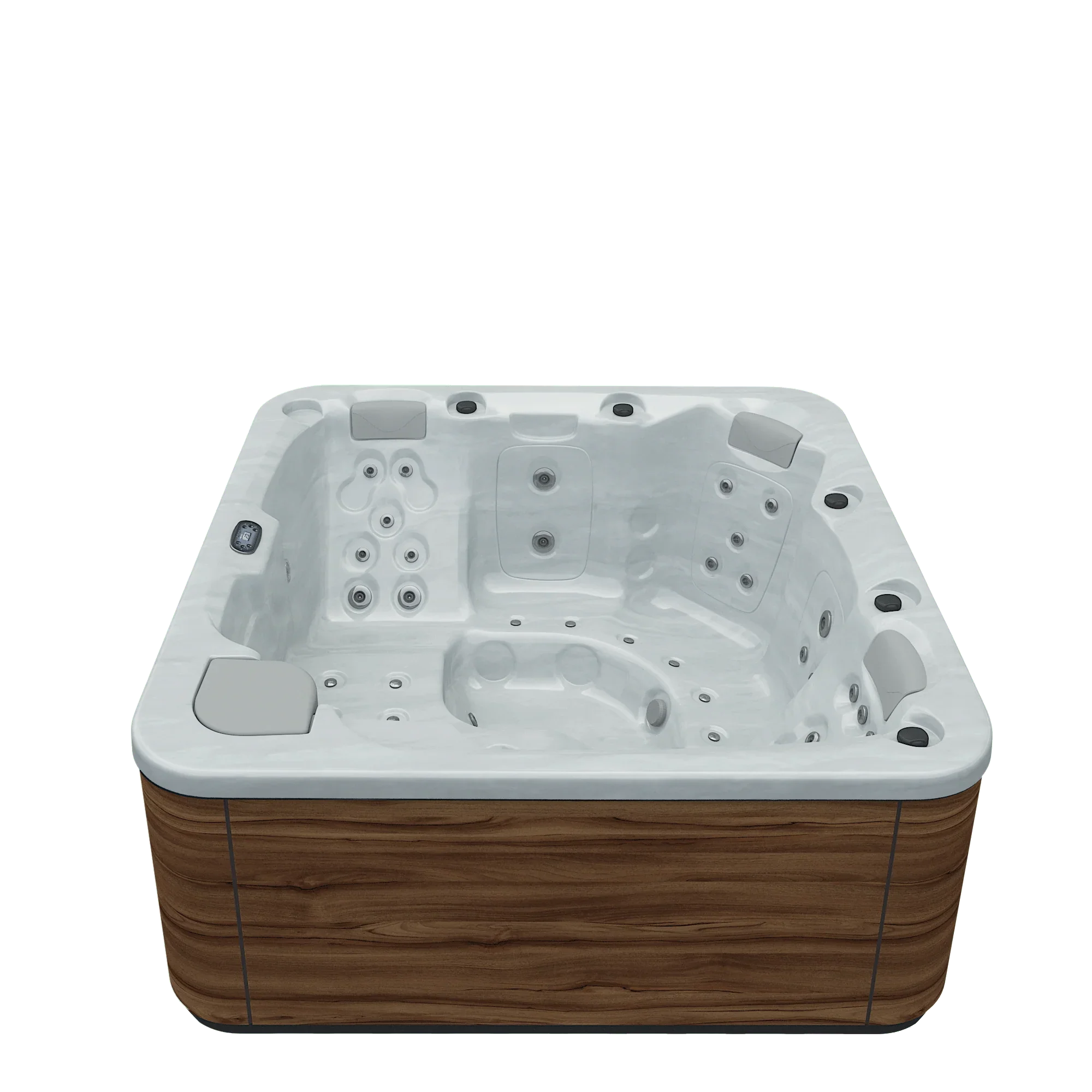 Moderner Outdoor Whirlpool mit weißer Acrylschale und Holzoptik für Garten oder Terrasse