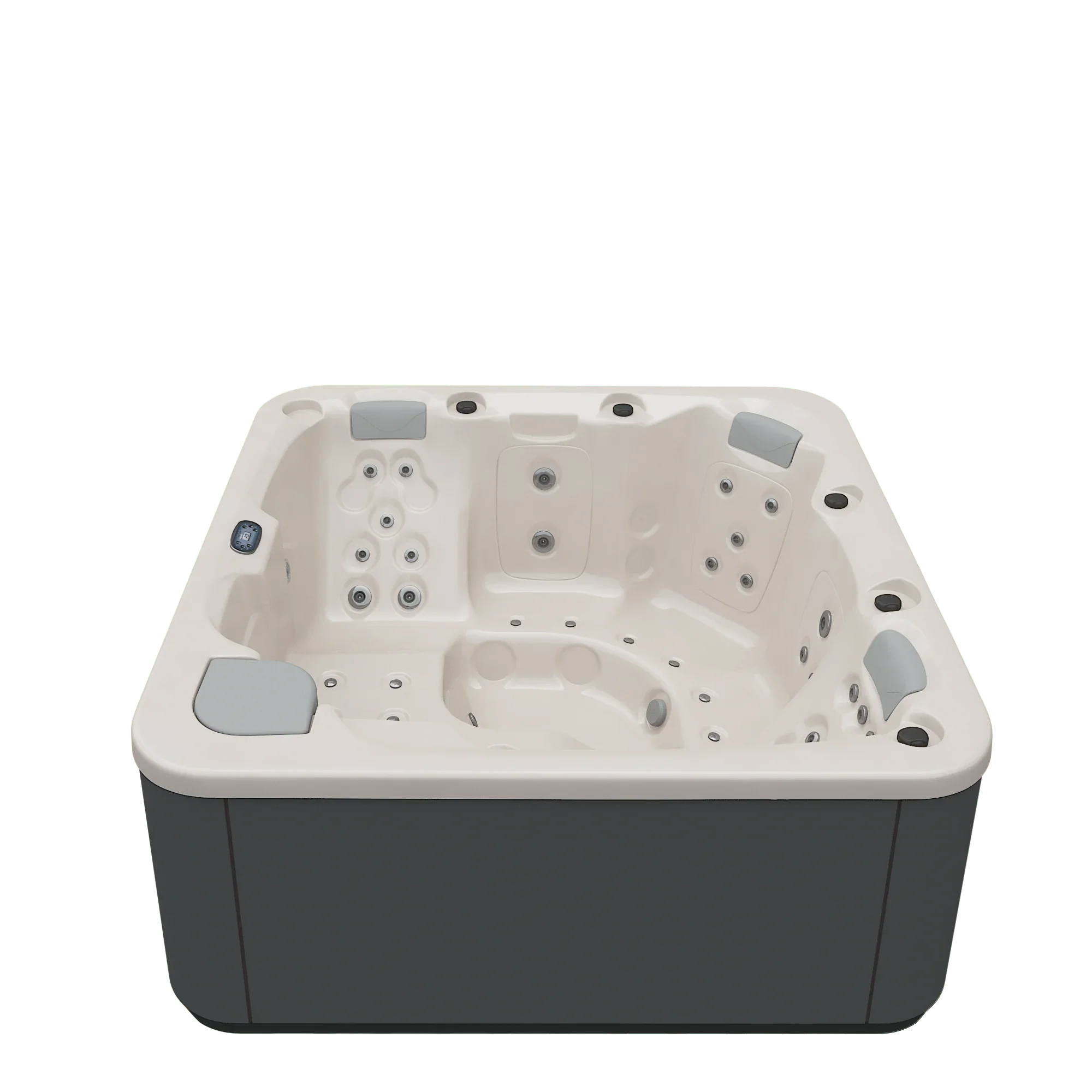 Outdoor Whirlpool mit ergonomischem Design, cremeweiße Wanne, viele Massagedüsen, ideal für Garten oder Terrasse