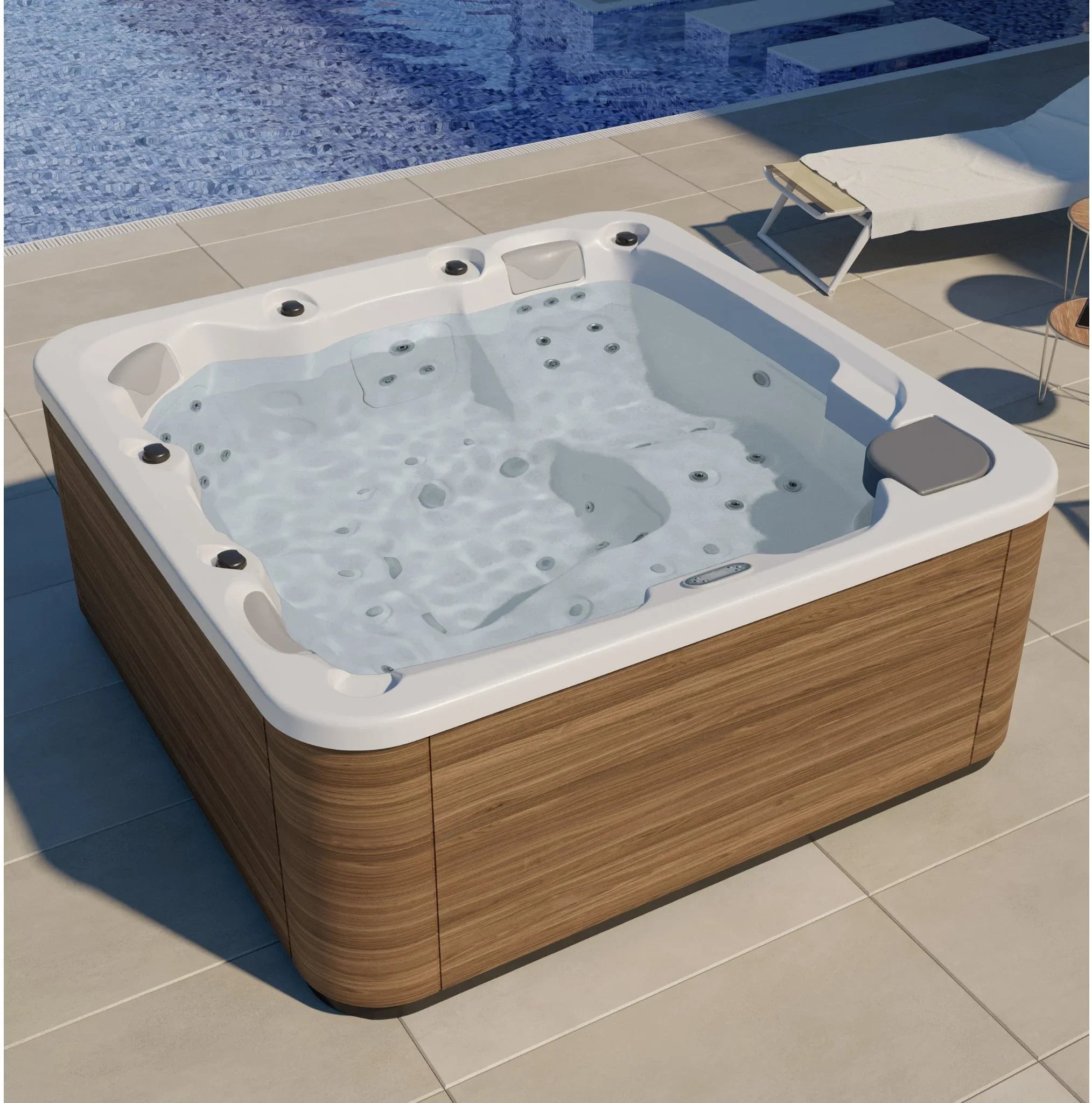 Hochwertiger Outdoor Whirlpool mit Holzoptik für Garten oder Terrasse, luxuriöses Wellness-Design