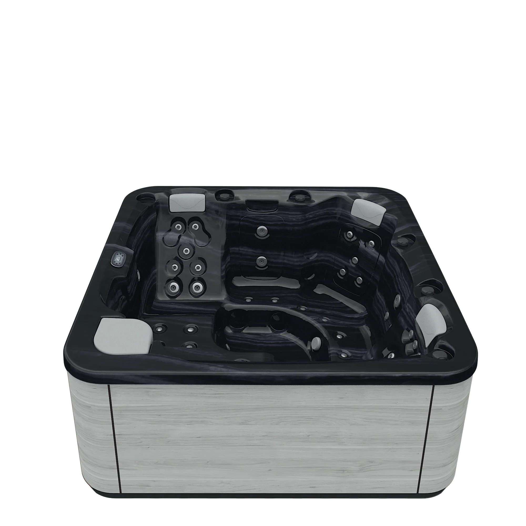 Moderner Outdoor Whirlpool mit schwarzer Innenwanne, Massagedüsen, Holzoptik-Verkleidung