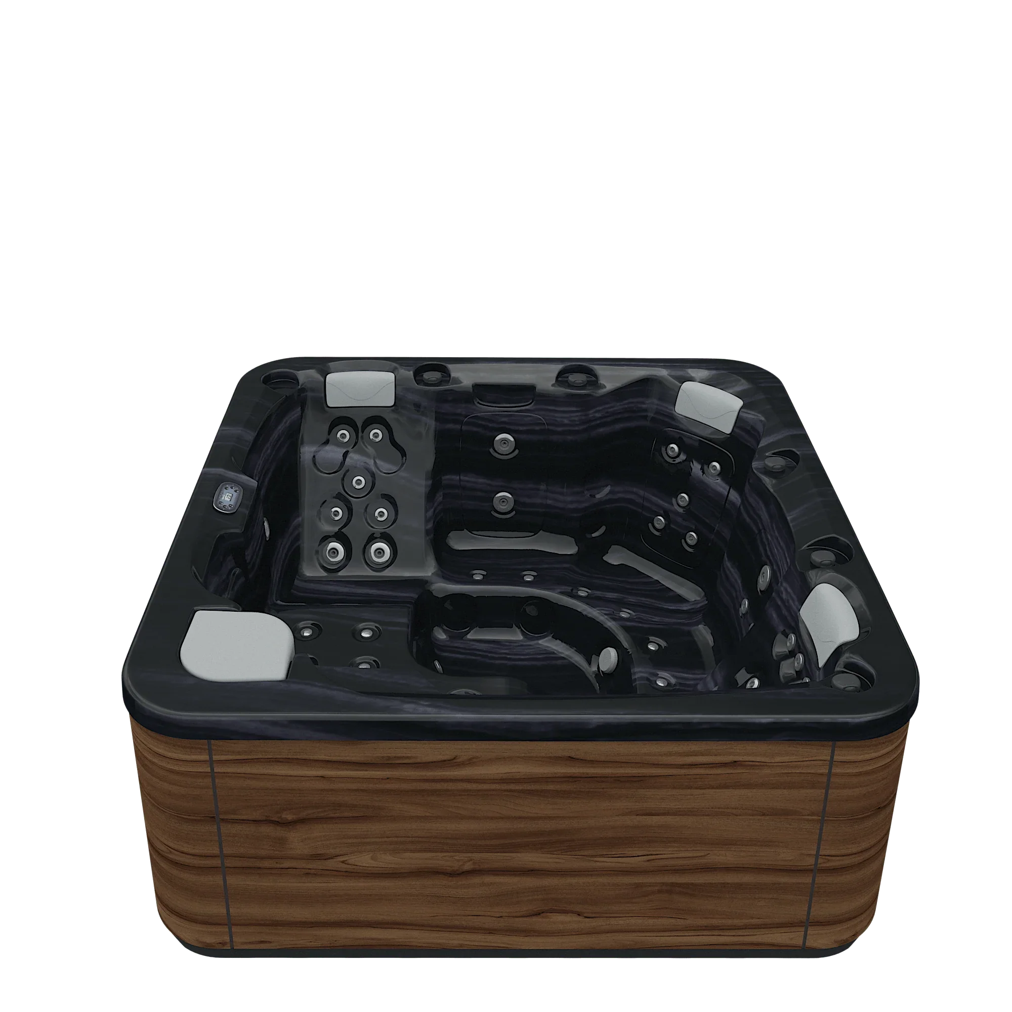 Luxuriöser Outdoor Whirlpool mit dunkler Wanne und Holzverkleidung für Garten oder Terrasse
