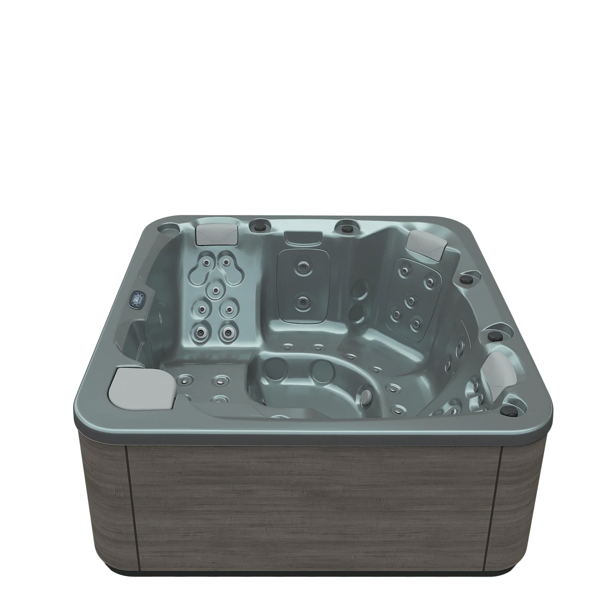 Outdoor Whirlpool mit grauem Acryl-Innenbecken und Holzverkleidung für Garten und Terrasse