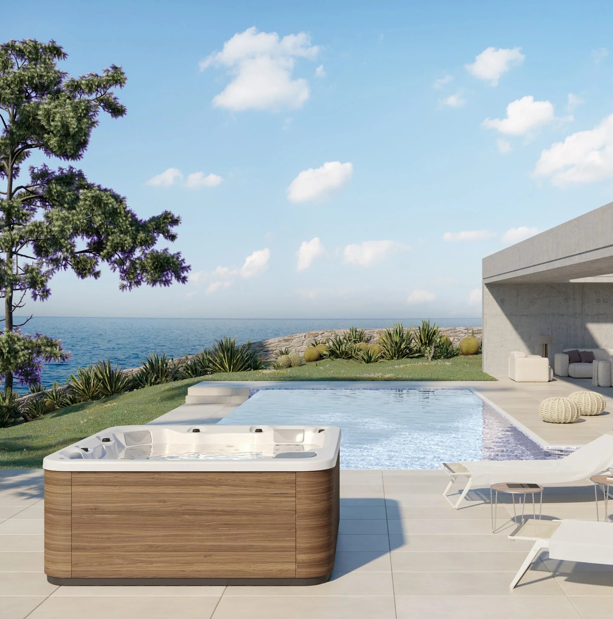 Luxuriöser Outdoor Whirlpool auf moderner Terrasse mit Meerblick, Garten und Pool, Wellness-Atmosphäre