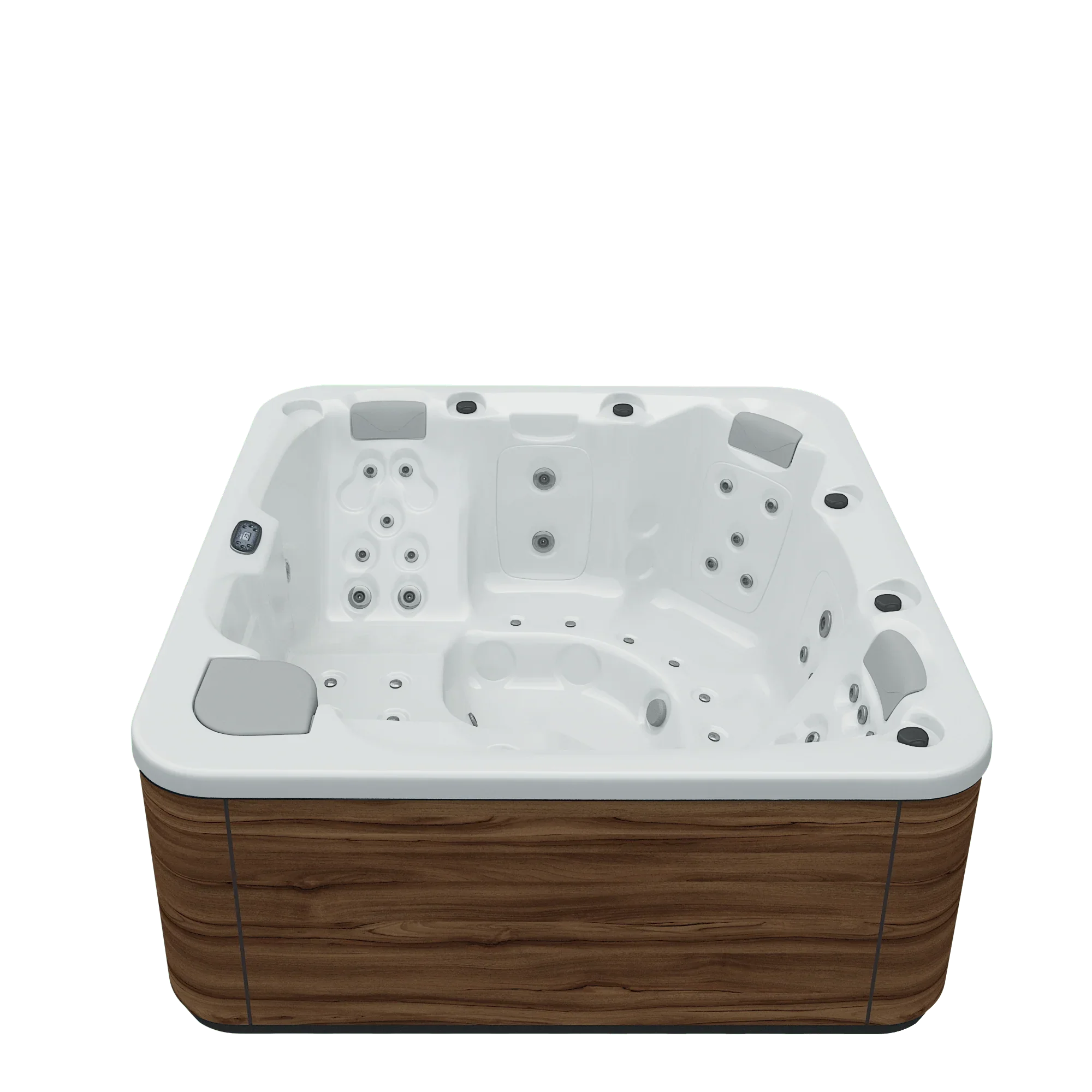 Luxuriöser Outdoor Whirlpool mit weißer Acrylwanne und Holzoptik, ideal für Garten oder Terrasse