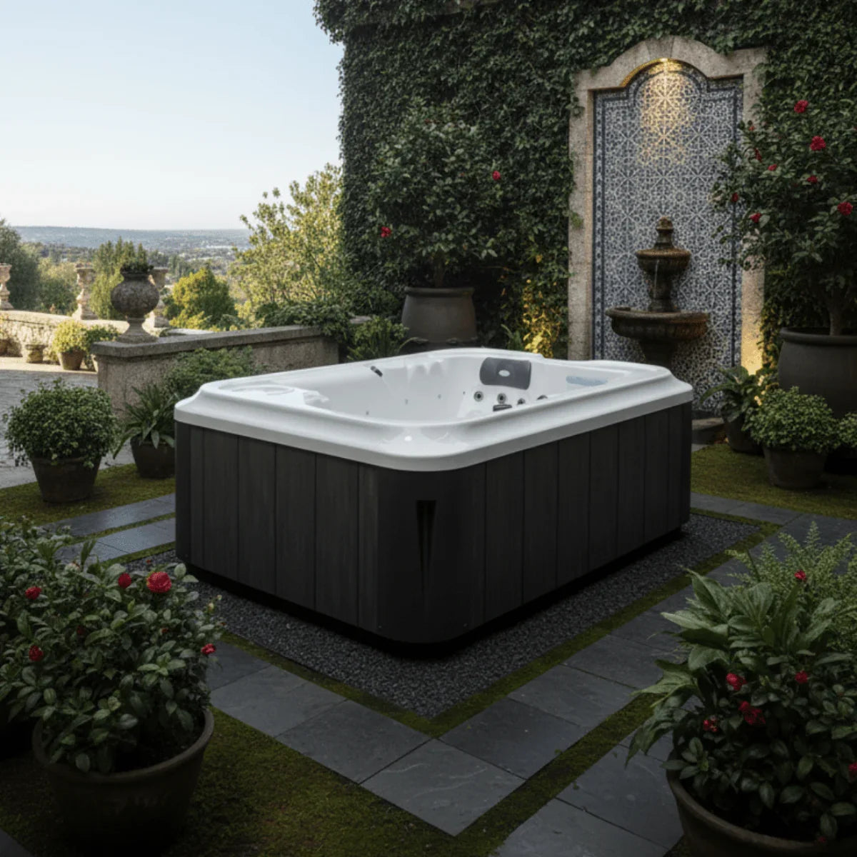 Luxuriöser Outdoor Whirlpool im modernen Design auf Gartenterrasse, umgeben von Pflanzen