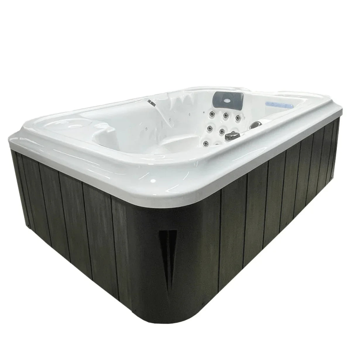 Outdoor Whirlpool Pureline Balance 22 mit dunkler Verkleidung, modernes Spa-Design für Garten oder Terrasse